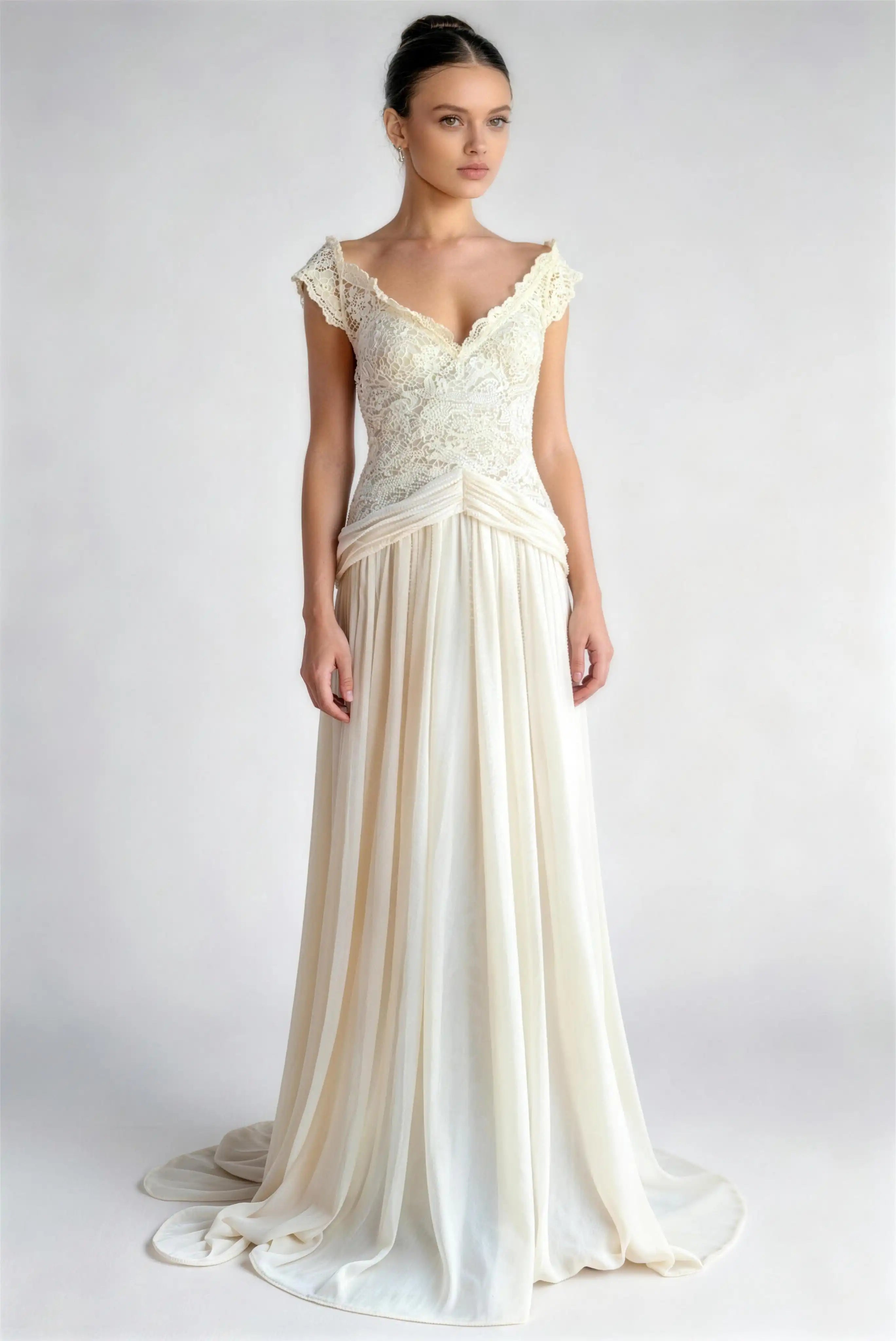 Phoehua Apricot Ivory Off‑The‑Shoulder Petal Short Sleeve Lace Chiffon A‑Line Wedding Dress, Front View Mid‑Waist Pleated Open‑Back Elegant Bridal Formal Evening Gown