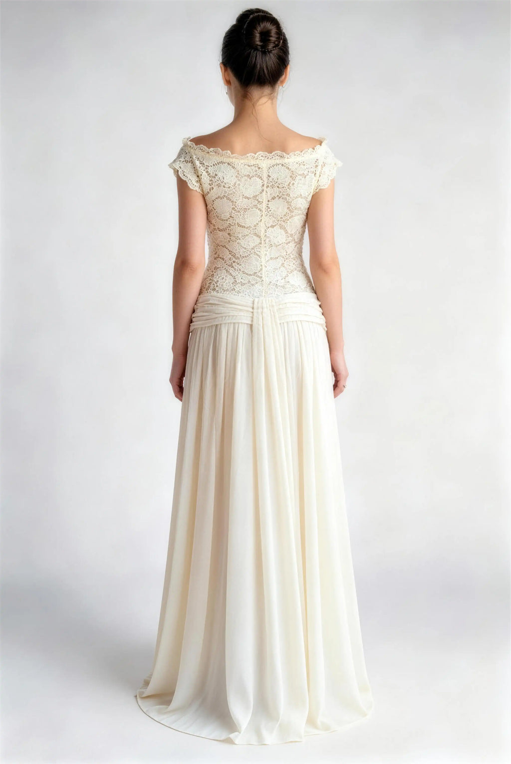 Phoehua Back View of Apricot Ivory Off‑Shoulder Lace Chiffon Bridal Dress, Mid‑Waist Pleated Open‑Back A‑Line Wedding Gown