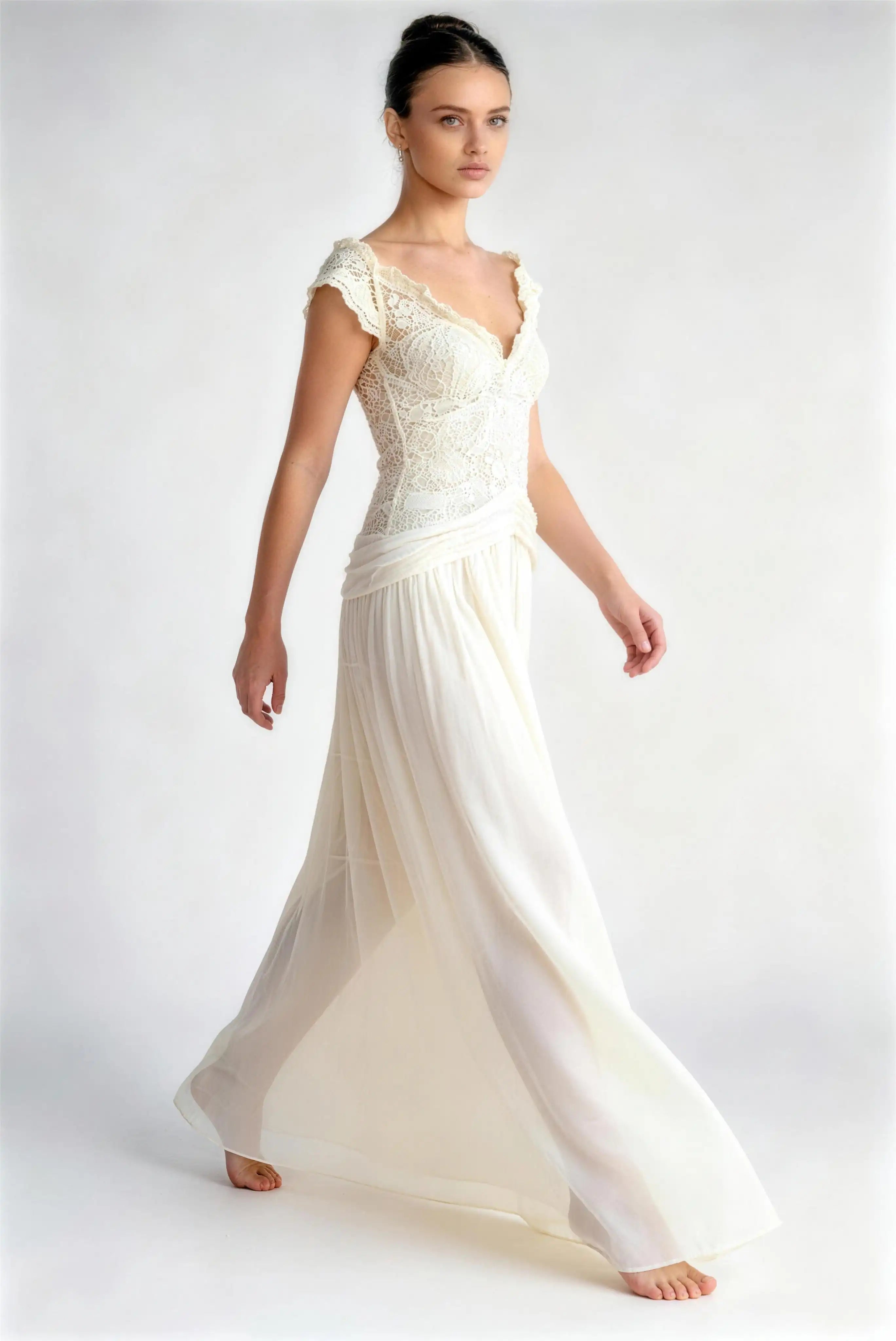 Phoehua Walking Pose of Apricot Ivory Petal‑Sleeve Lace Wedding Gown, Off‑Shoulder Mid‑Waist Pleated Chiffon A‑Line Romantic Bridal Dress