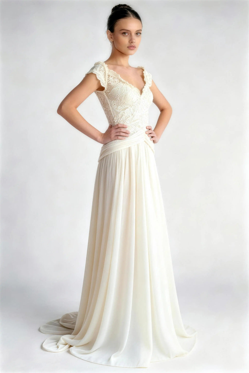 Phoehua Front Pose of Apricot Ivory Vintage Lace Bridal Gown, Off‑Shoulder Petal‑Sleeve Mid‑Waist Pleated Chiffon A‑Line Wedding Dress