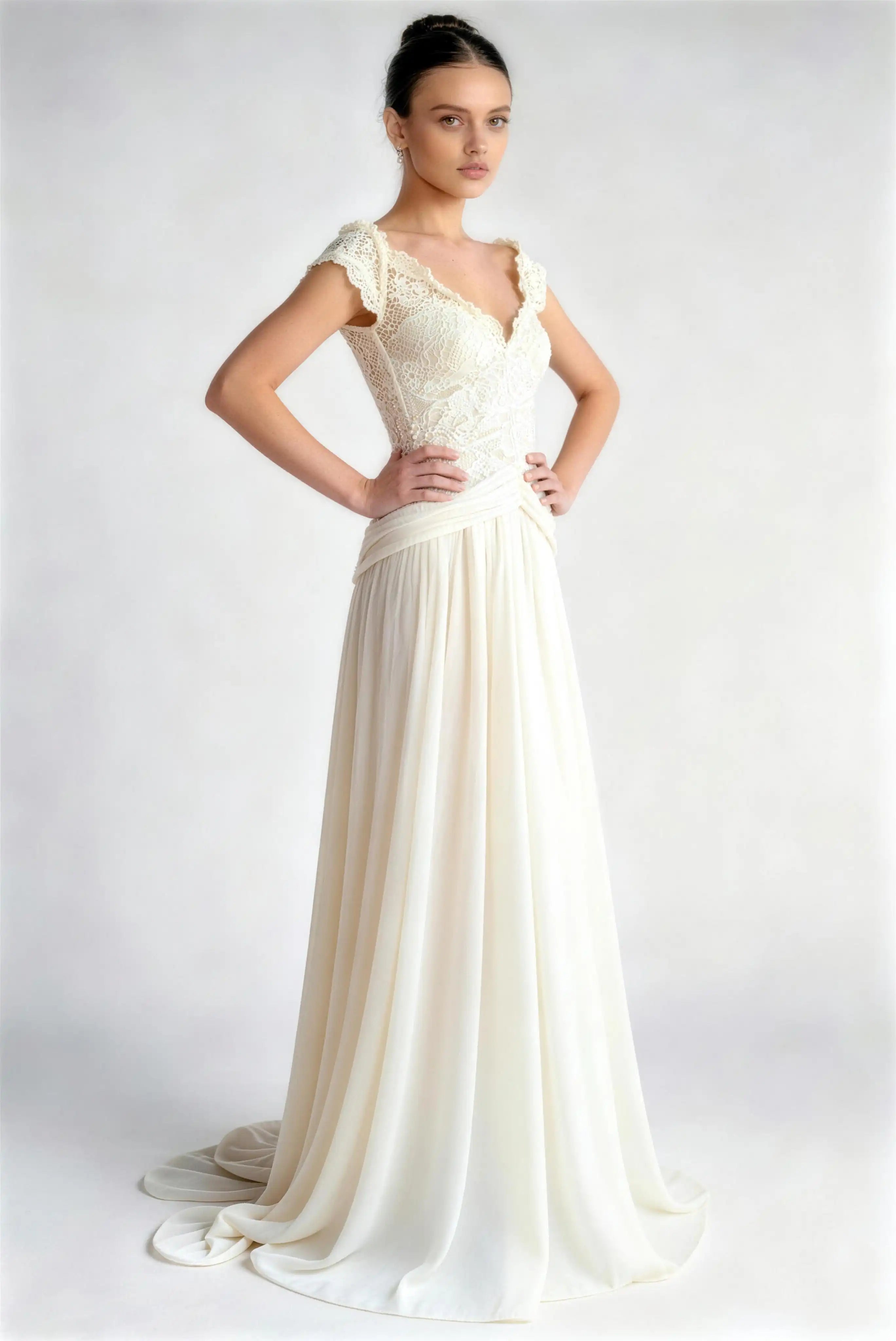 Phoehua Front Pose of Apricot Ivory Vintage Lace Bridal Gown, Off‑Shoulder Petal‑Sleeve Mid‑Waist Pleated Chiffon A‑Line Wedding Dress