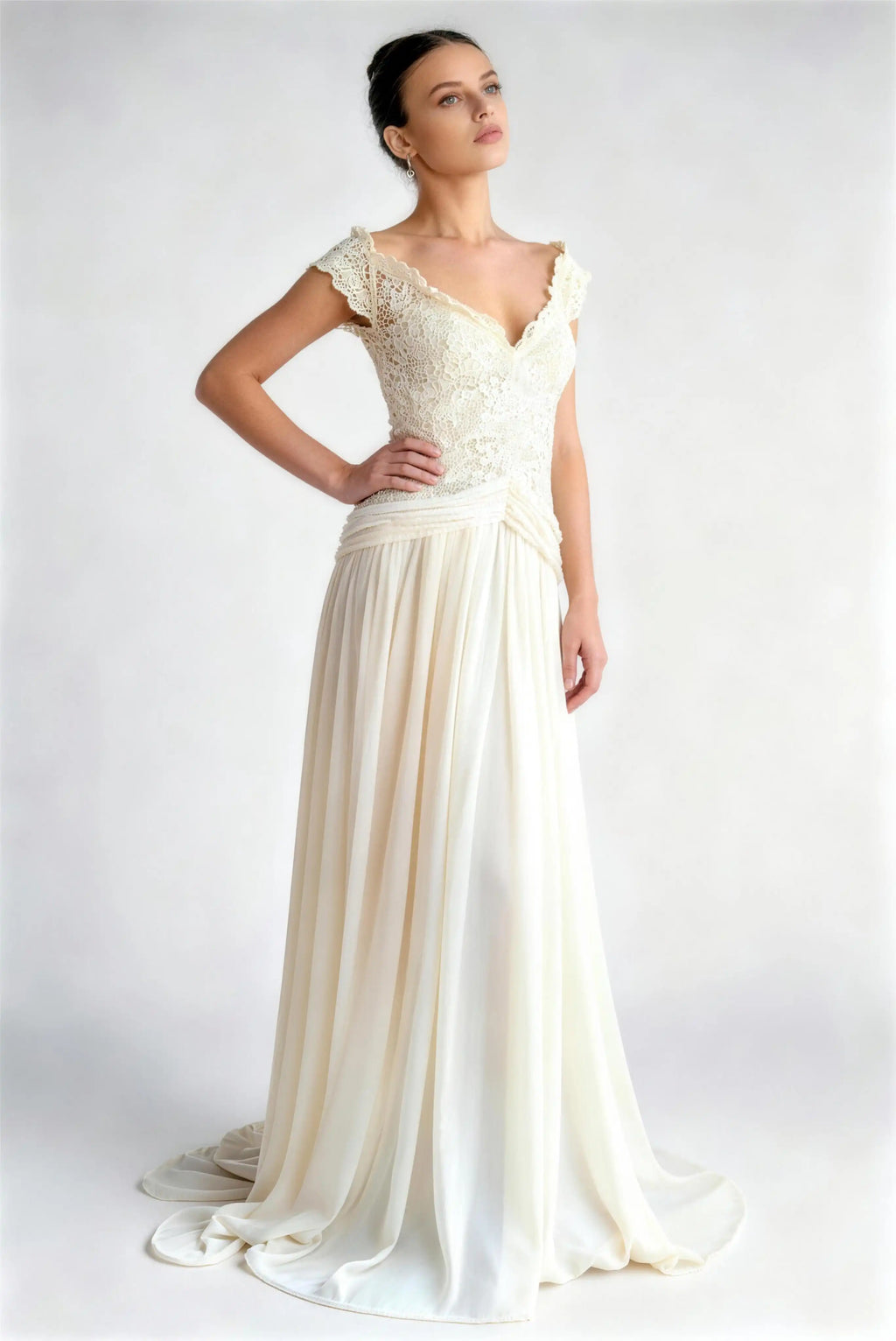 Off‑Shoulder Lace Chiffon A‑Line Bridal Wedding Dress