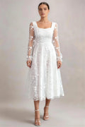 Phoehua White Square Neck Sheer Long Sleeve Floral Embroidered Tulle A‑Line Midi Dress, Front View High‑Waist Romantic Fresh Bridal Shower Wedding Guest Formal Gown