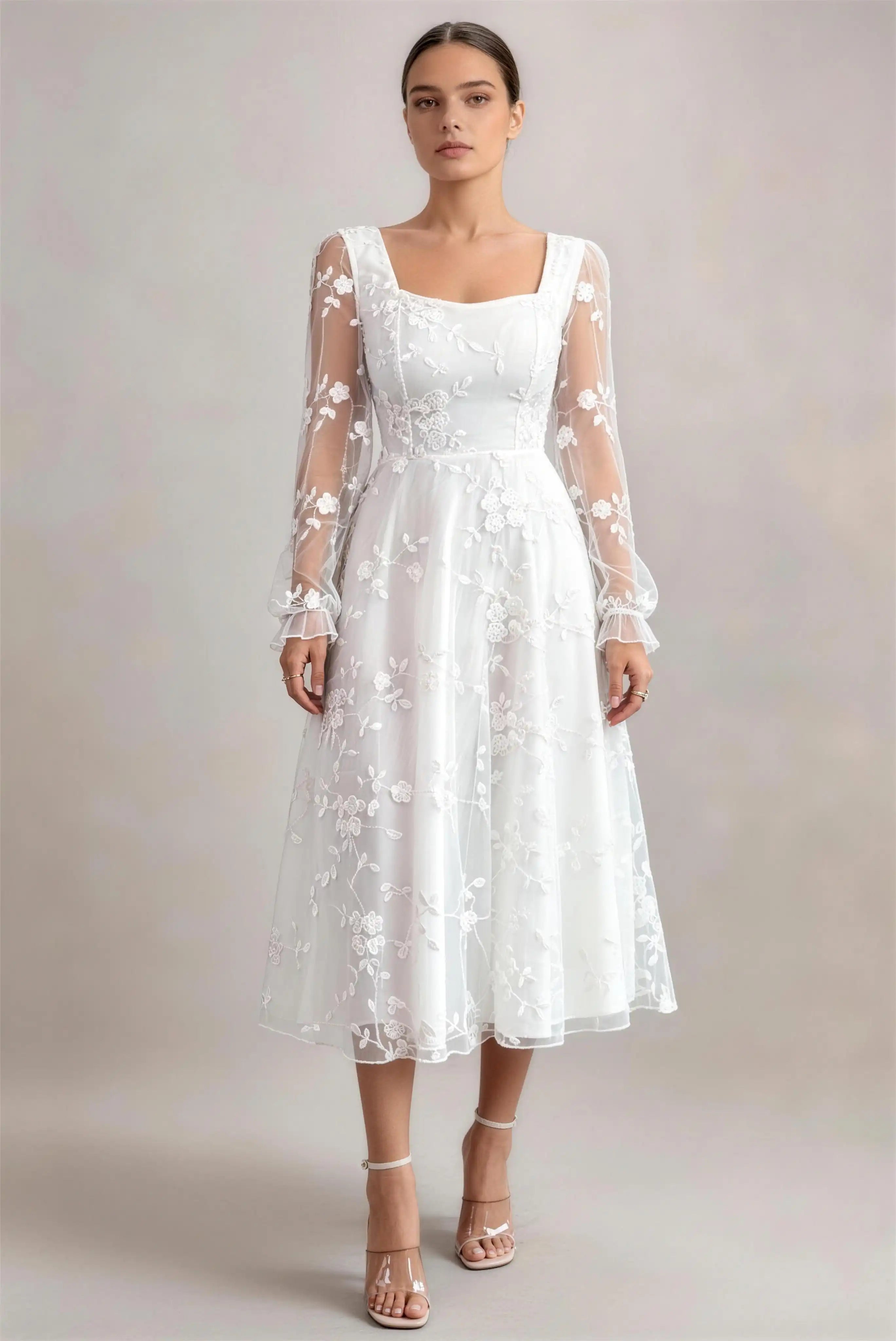 Phoehua White Square Neck Sheer Long Sleeve Floral Embroidered Tulle A‑Line Midi Dress, Front View High‑Waist Romantic Fresh Bridal Shower Wedding Guest Formal Gown