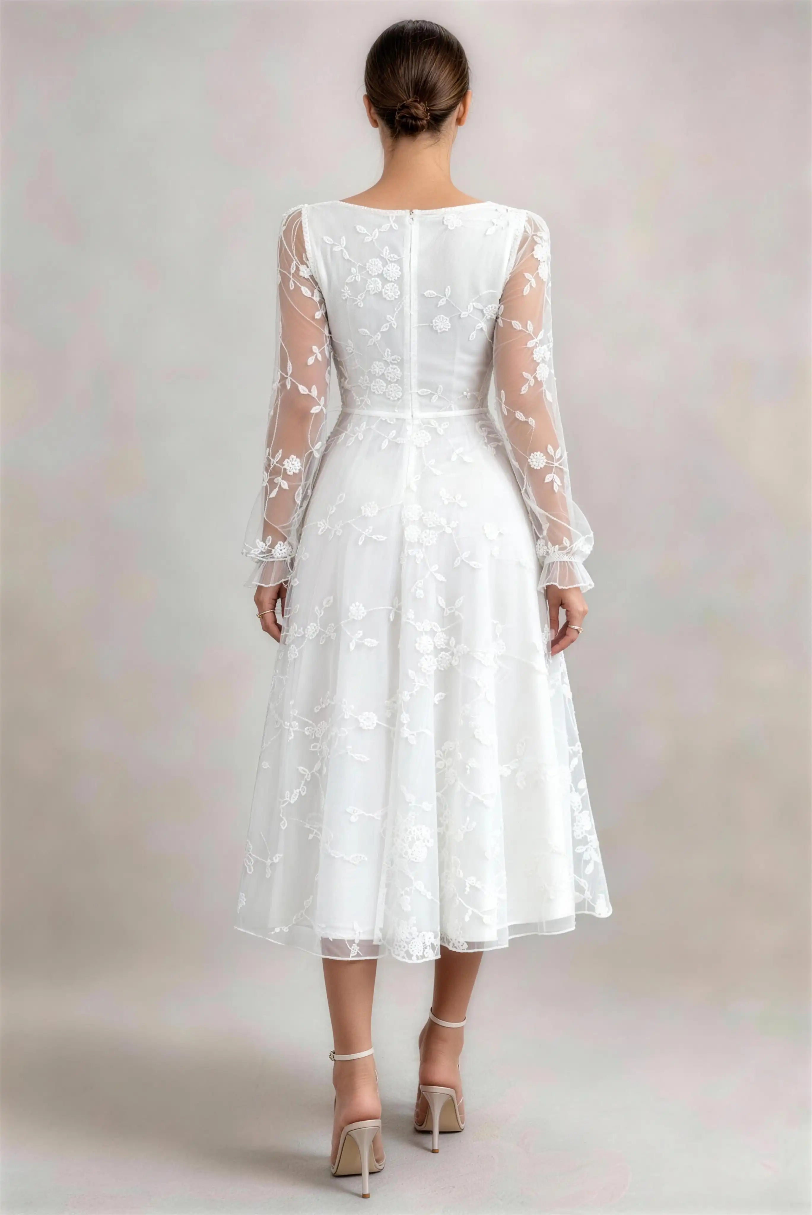 Phoehua Back View of White Square Neck Floral Embroidered Tulle Dress, Sheer Long Sleeve High‑Waist A‑Line Midi Wedding Guest Gown