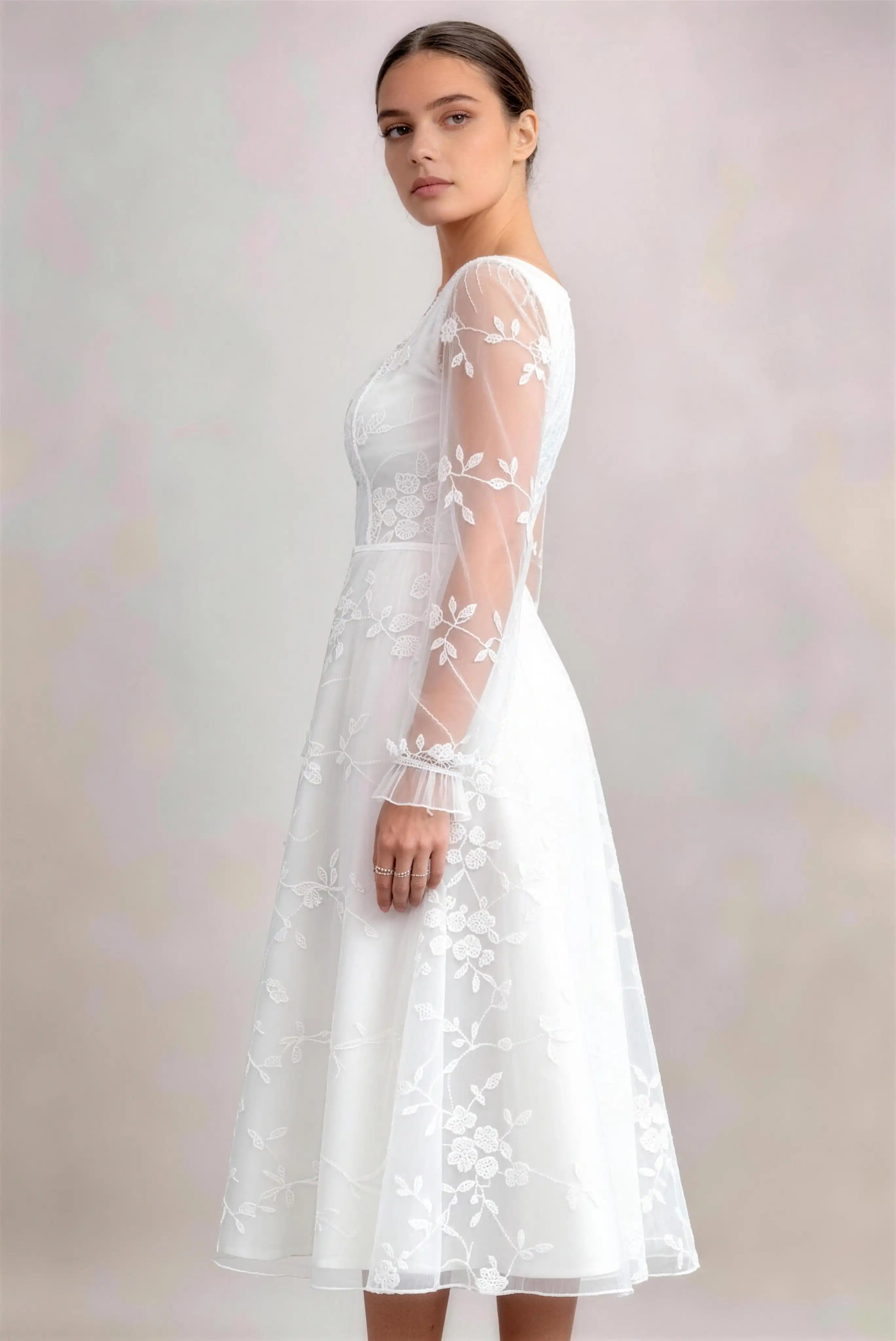 Phoehua Side View of White Sheer‑Sleeve Floral Embroidered Midi Gown, Square Neck High‑Waist A‑Line Romantic Bridal Shower Dress