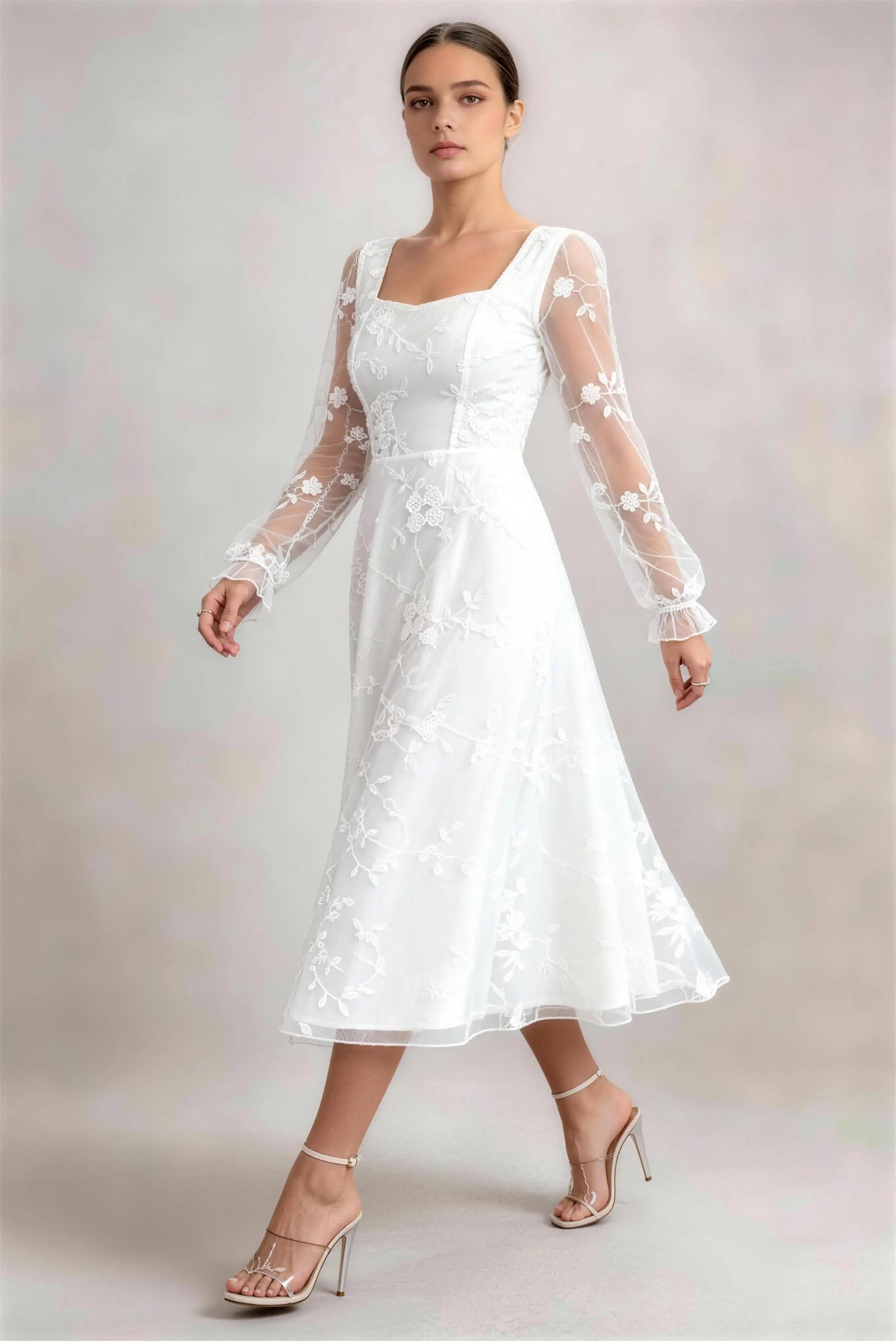 Phoehua Walking Pose of White Square Neck Tulle Dress, Floral Embroidered Sheer Long‑Sleeve High‑Waist A‑Line Formal Wedding Guest Dress