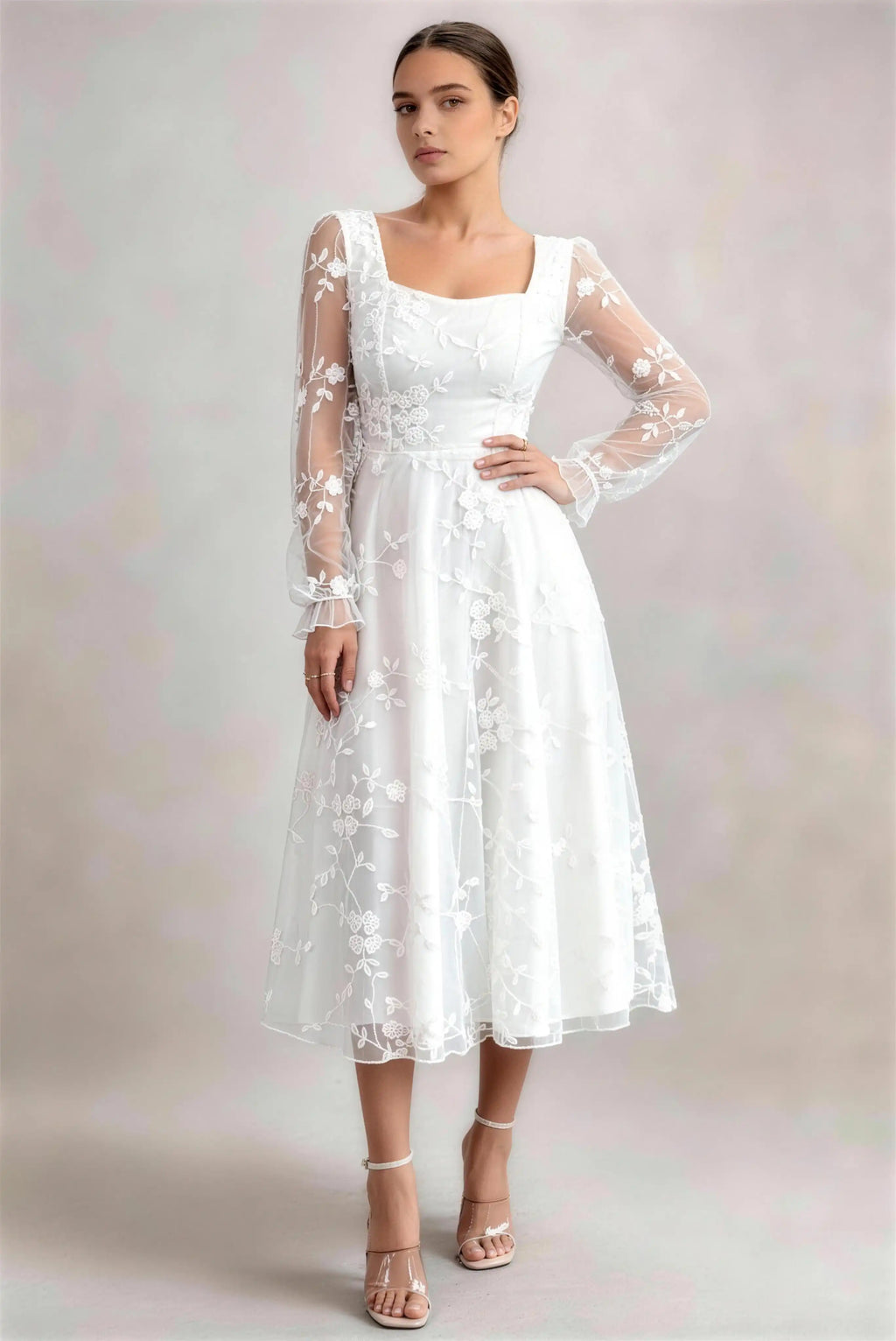 Phoehua Front Pose of White Fresh Romantic Bridal Midi Dress, Square Neck Sheer Long‑Sleeve Floral Embroidered High‑Waist A‑Line Gown