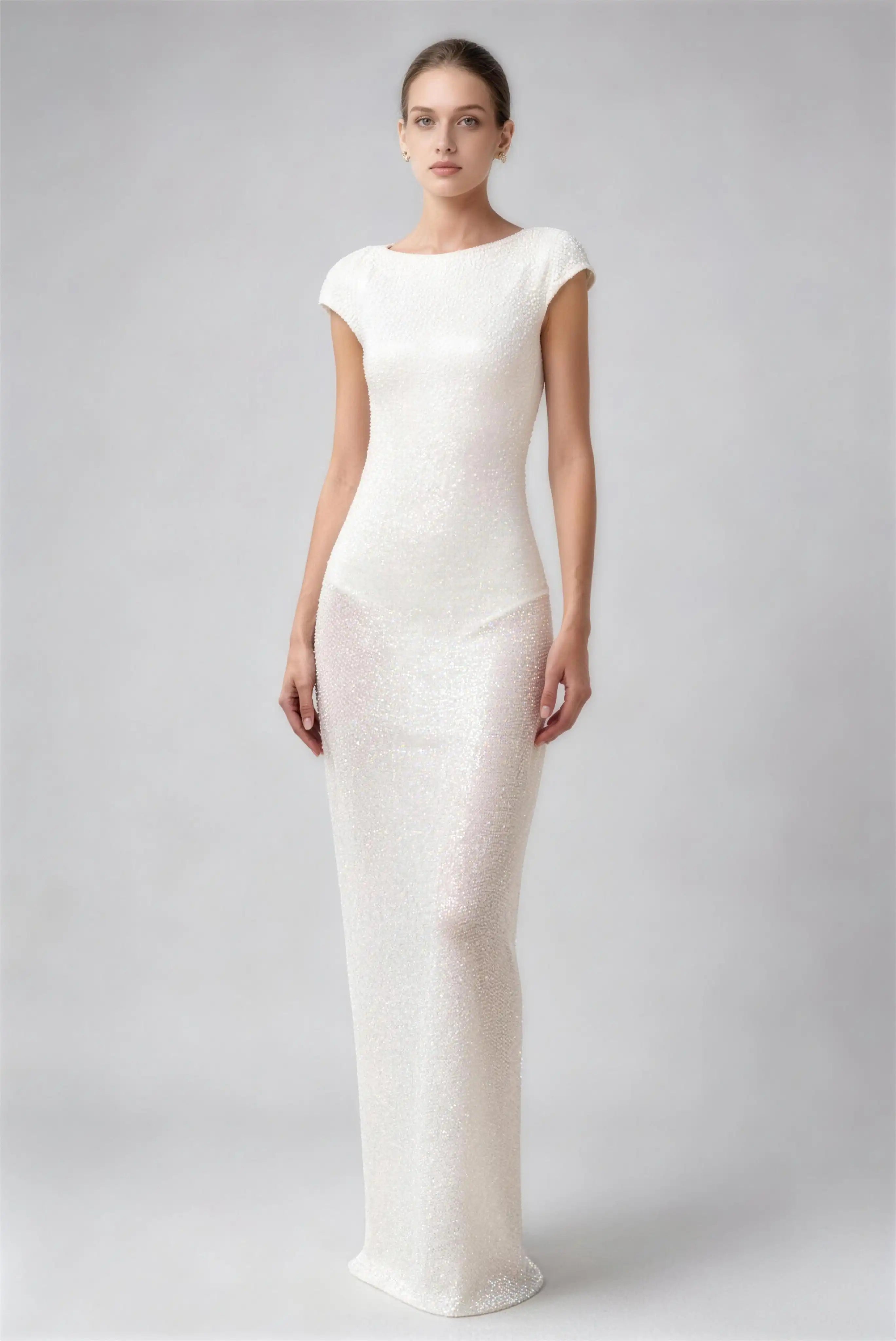 Phoehua Milky White Bateau Neck Cap Sleeve Beaded Sheer Mesh Mermaid Long Dress, Front View Mid‑Waist Deep Open‑Back Sexy Minimalist Wedding Bridal Formal Evening Gown