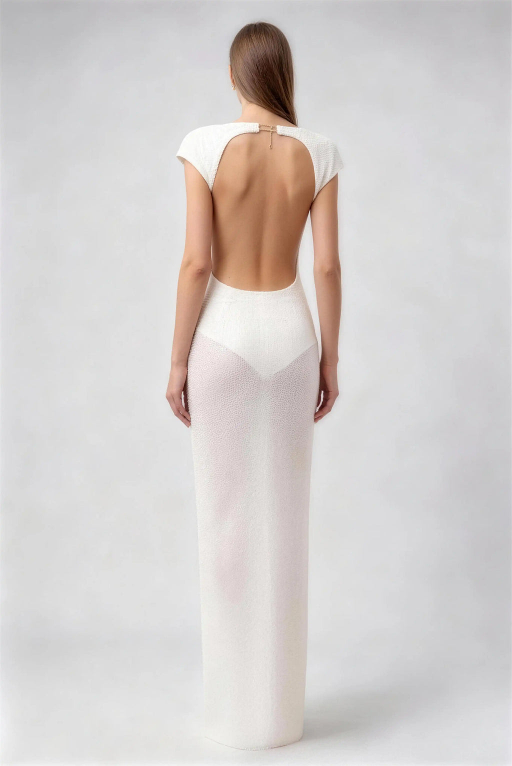 Phoehua Back View of Milky White Beaded Sheer Mesh Bridal Dress, Cap Sleeve Deep Open‑Back Mid‑Waist Mermaid Minimalist Wedding Gown