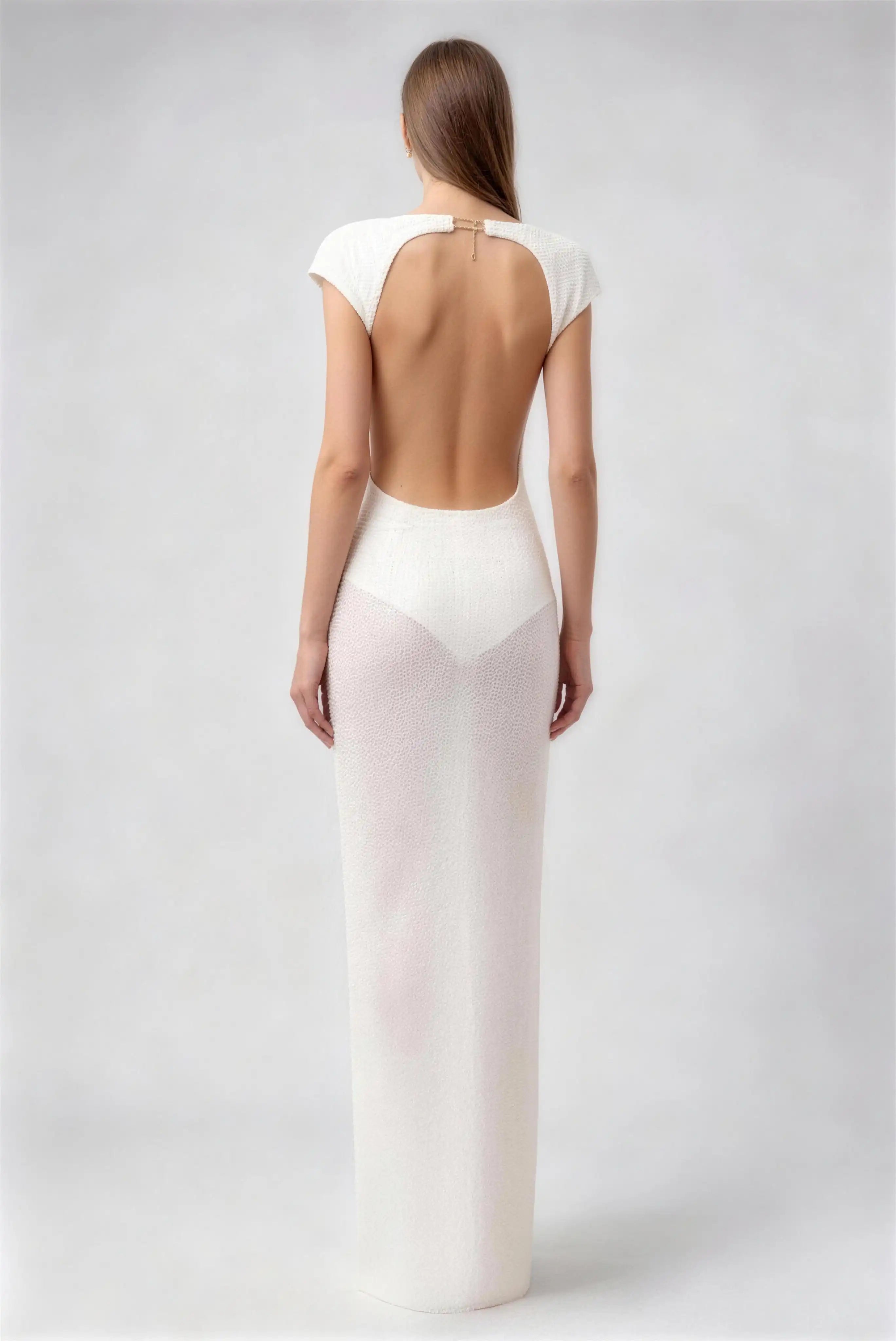 Phoehua Back View of Milky White Beaded Sheer Mesh Bridal Dress, Cap Sleeve Deep Open‑Back Mid‑Waist Mermaid Minimalist Wedding Gown