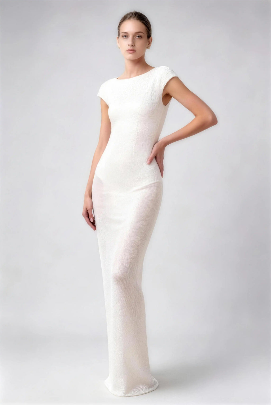 Phoehua Side View of Milky White Cap‑Sleeve Beaded Mermaid Wedding Gown, Bateau Neck Mid‑Waist Deep Open‑Back Sexy Formal Bridal Dress