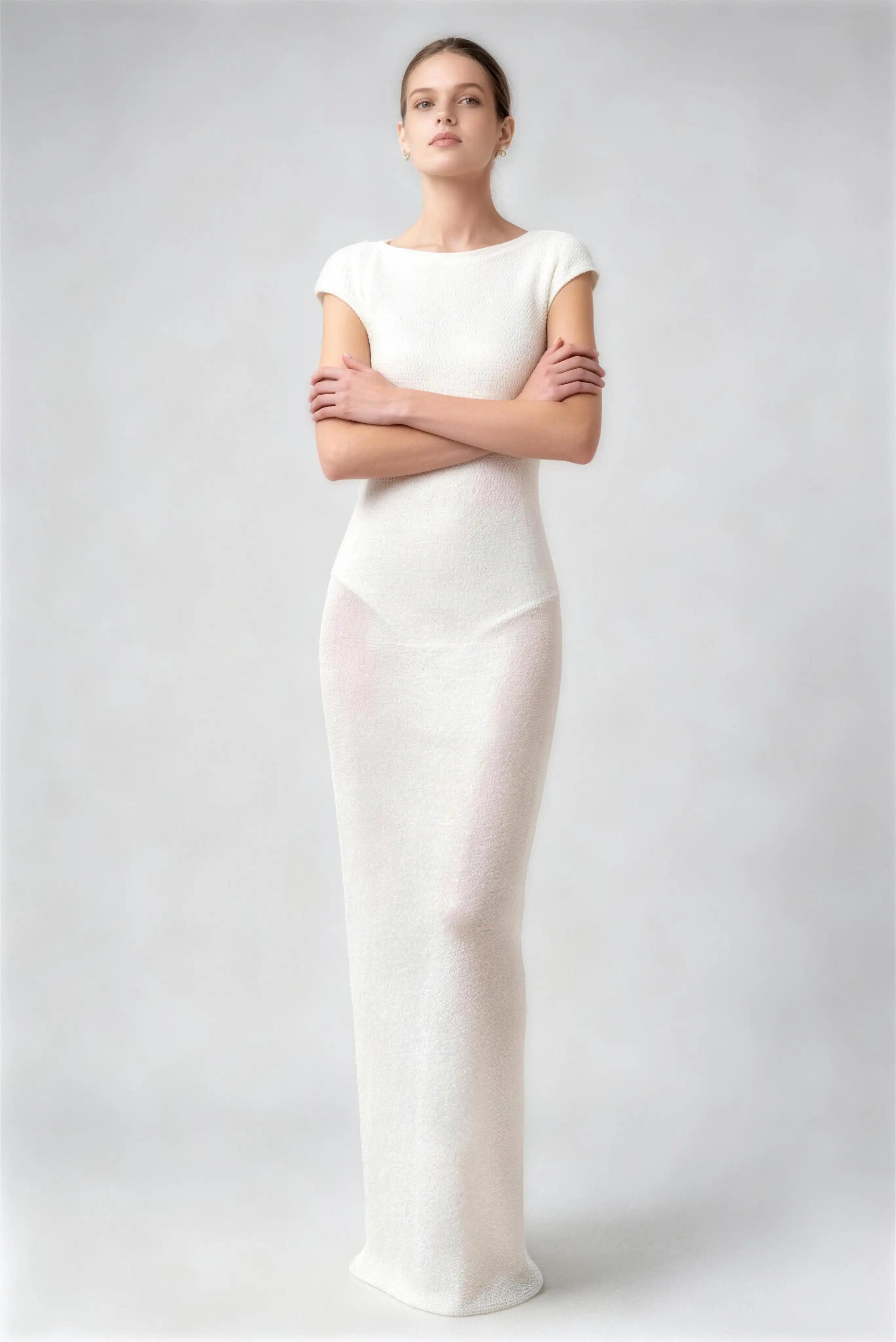 Phoehua Front Pose of Milky White Minimalist Bridal Evening Dress, Bateau Neck Cap‑Sleeve Beaded Sheer‑Mesh Mid‑Waist Open‑Back Mermaid Gown
