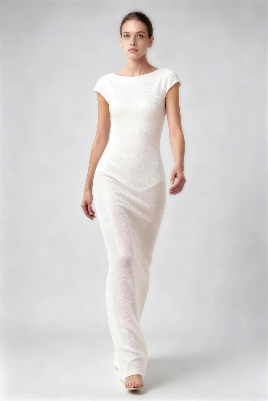 Phoehua Walking Pose of Milky White Modern Luxury Wedding Dress, Bateau Neck Cap‑Sleeve Beaded Sheer‑Mesh Deep Open‑Back Mermaid Formal Bridal Gown