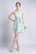 Phoehua Light Green Halter Neck Rhinestone Trim 3D Floral Appliqué Tulle A‑Line Mini Dress, Front View Mid‑Waist Self‑Tie Sash Elegant Summer Cocktail Party Bridal Shower Formal Gown