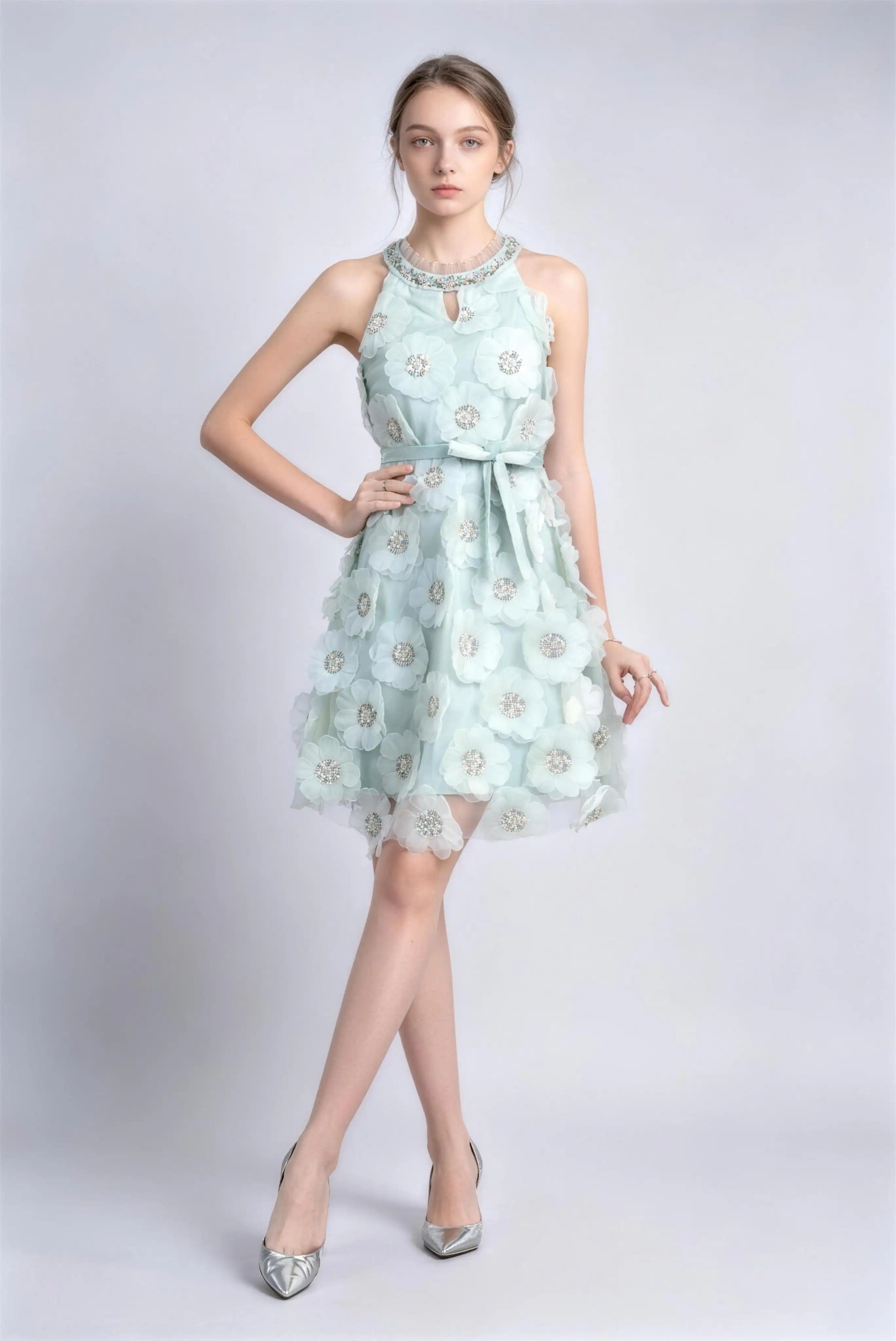 Phoehua Light Green Halter Neck Rhinestone Trim 3D Floral Appliqué Tulle A‑Line Mini Dress, Front View Mid‑Waist Self‑Tie Sash Elegant Summer Cocktail Party Bridal Shower Formal Gown