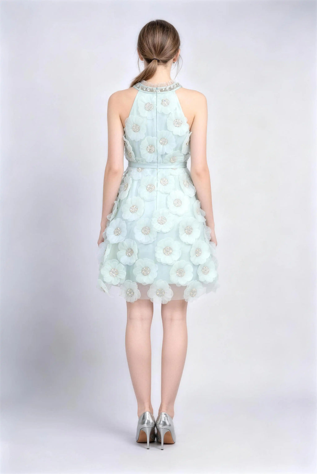 Phoehua Back View of Light Green Halter Neck 3D Floral Tulle Dress, Rhinestone‑Trimmed Self‑Tie‑Waist A‑Line Mini Bridal Shower Party Gown