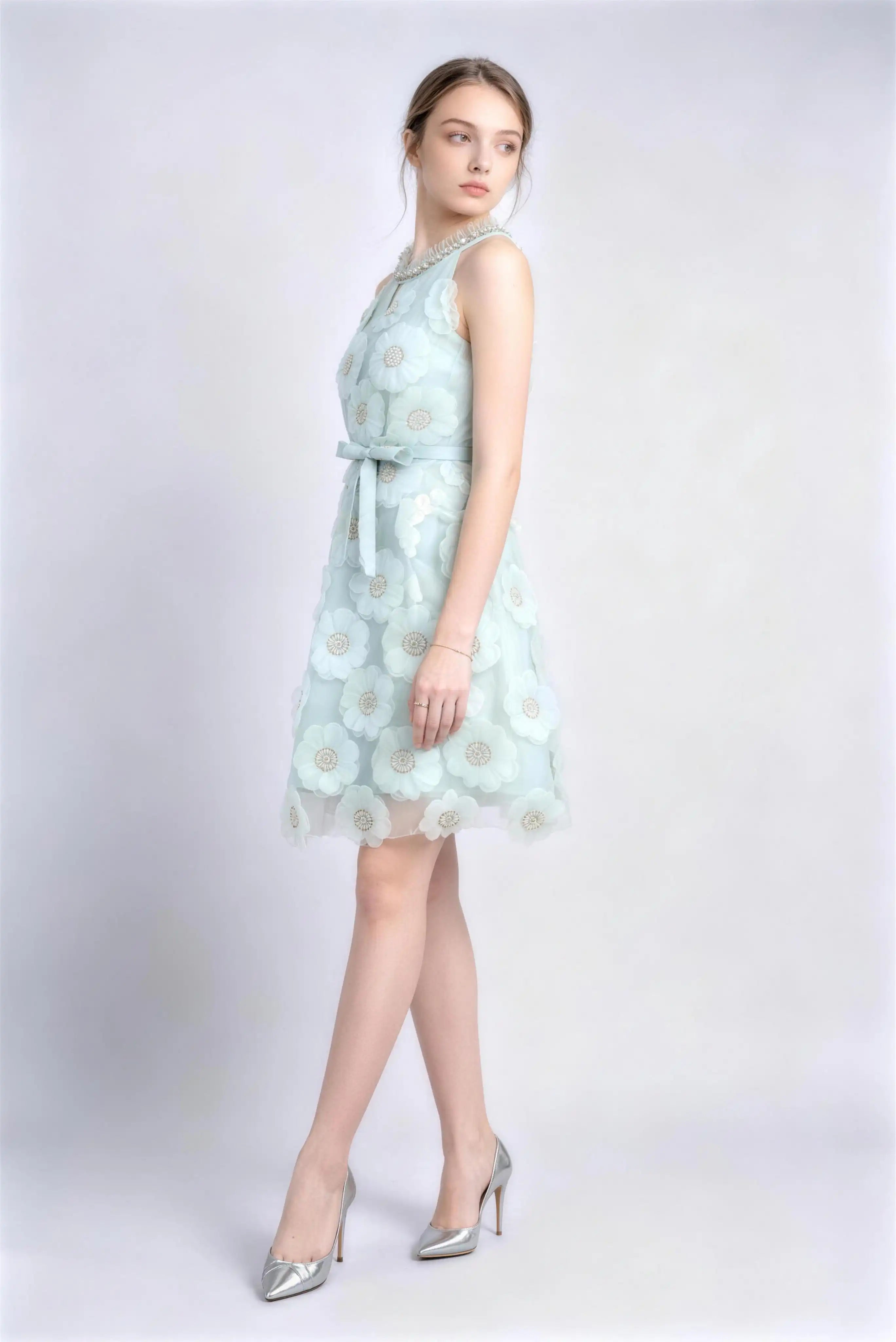 Phoehua Side View of Light Green Elegant Romantic Mini Dress, Halter‑Neck Rhinestone‑Trimmed 3D‑Floral Self‑Tie‑Waist A‑Line Bridal Shower Gown