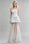 Phoehua Pure White Strapless Tube Top 3D Floral Appliqué Sheer Tulle Two‑Piece Mermaid Maxi Dress, Front View High‑Waist Sexy Modern Bridal Wedding Formal Evening Gown