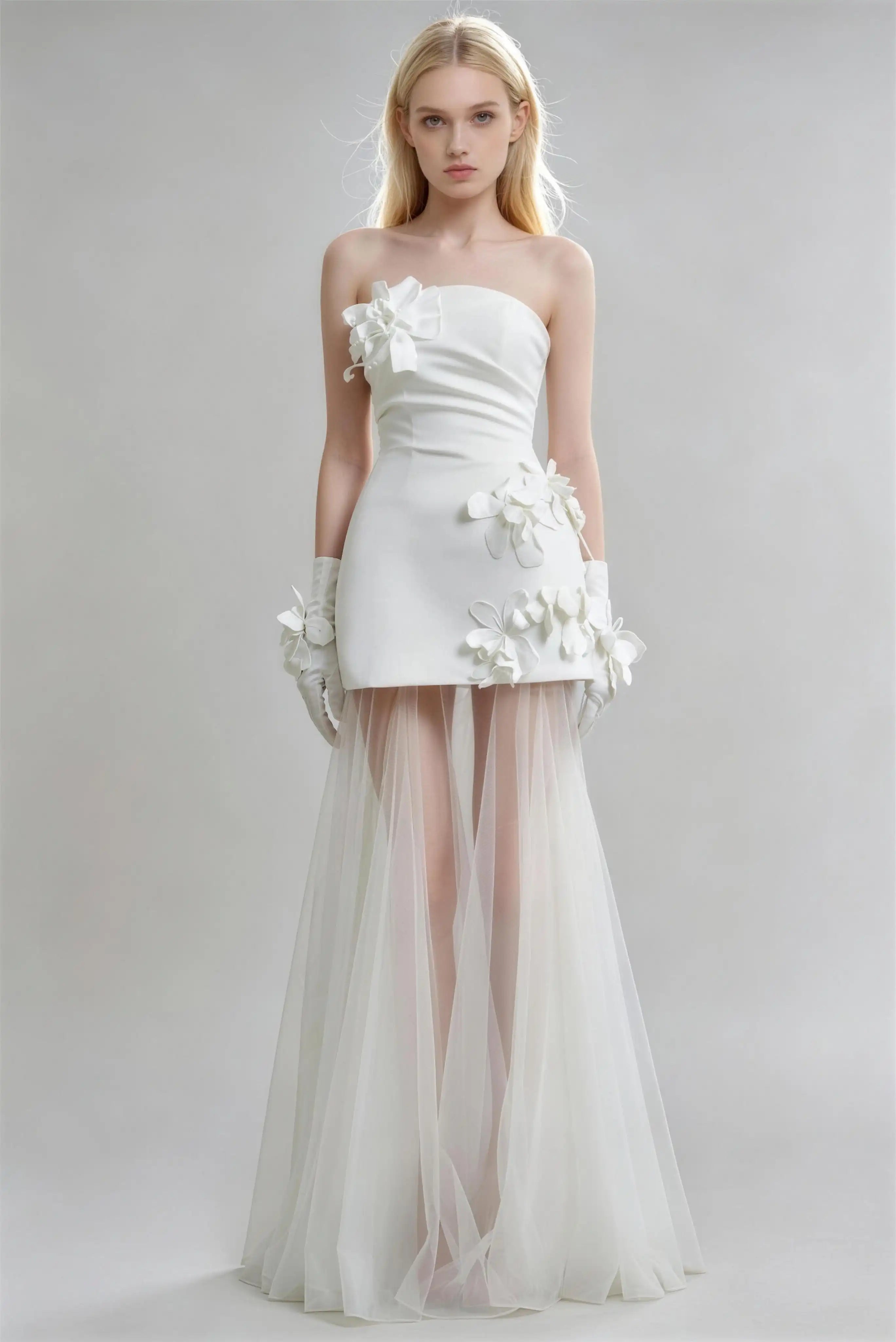 Phoehua Pure White Strapless Tube Top 3D Floral Appliqué Sheer Tulle Two‑Piece Mermaid Maxi Dress, Front View High‑Waist Sexy Modern Bridal Wedding Formal Evening Gown