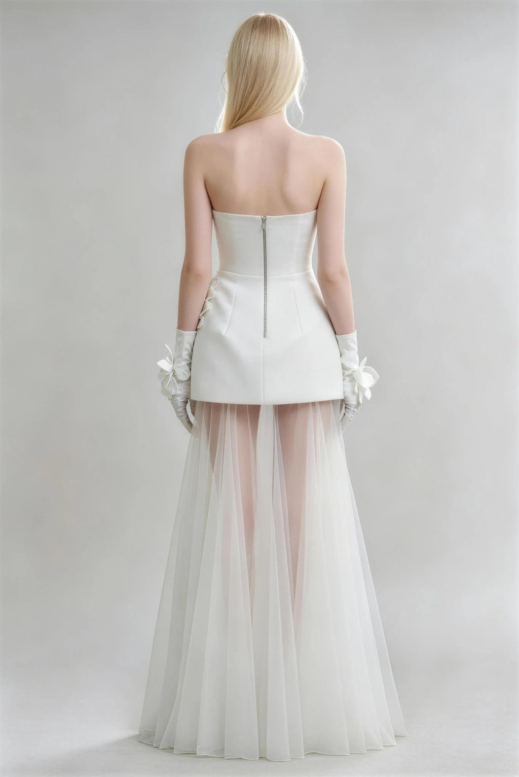 Phoehua Back View of Pure White Strapless Two‑Piece Bridal Dress, 3D Floral Appliqué Sheer Tulle High‑Waist Mermaid Minimalist Wedding Gown