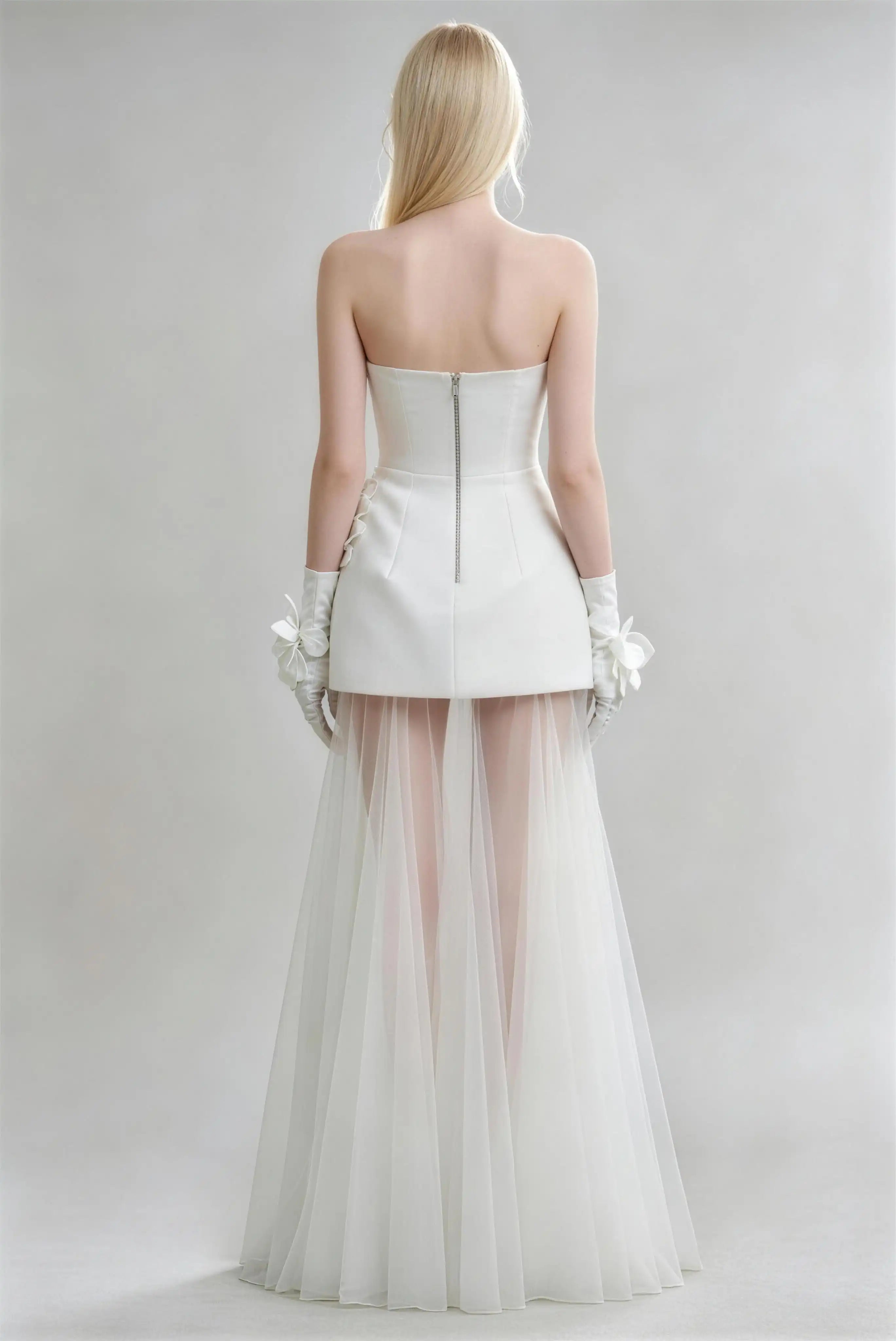 Phoehua Back View of Pure White Strapless Two‑Piece Bridal Dress, 3D Floral Appliqué Sheer Tulle High‑Waist Mermaid Minimalist Wedding Gown