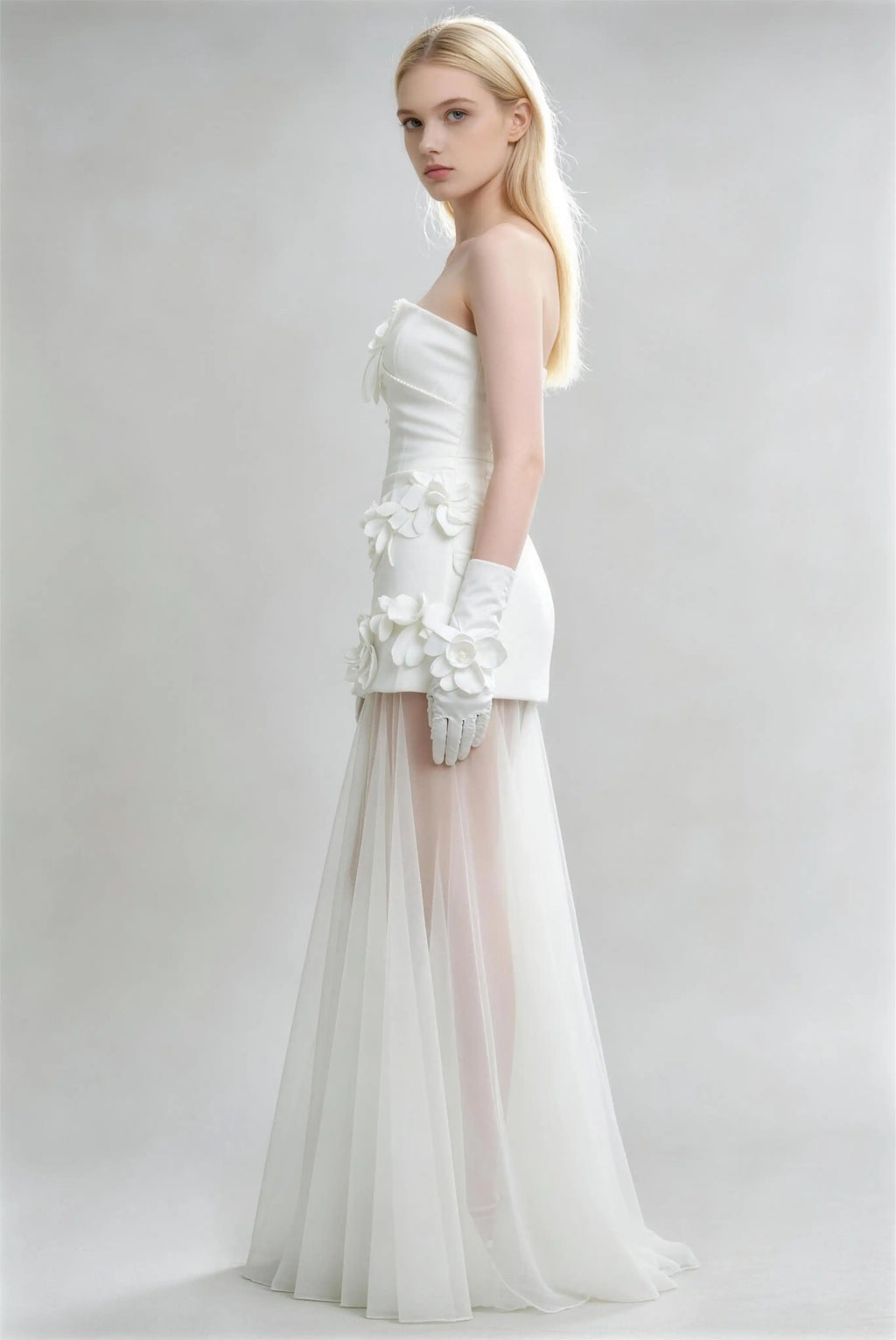 Phoehua Side View of Pure White Strapless 3D‑Floral Mermaid Wedding Gown, Sheer Tulle High‑Waist Cutout Two‑Piece Sexy Formal Bridal Dress