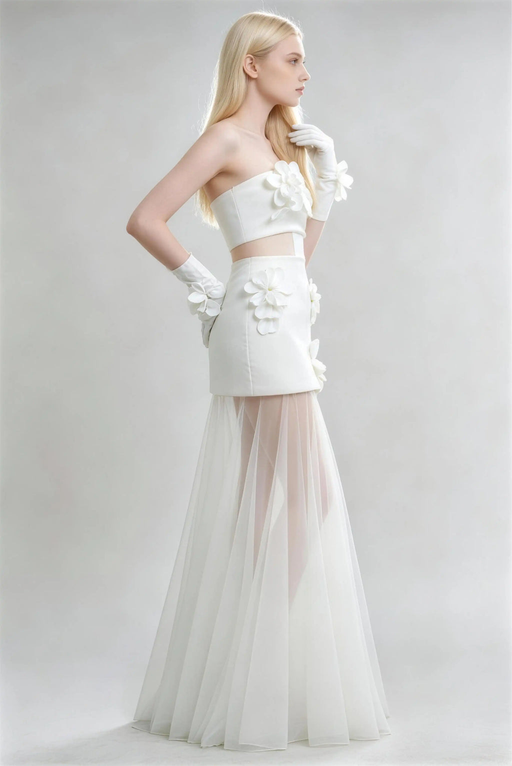Phoehua Side Pose of Pure White Modern Minimalist Bridal Evening Dress, Strapless 3D‑Floral Sheer‑Tulle High‑Waist Two‑Piece Mermaid Gown