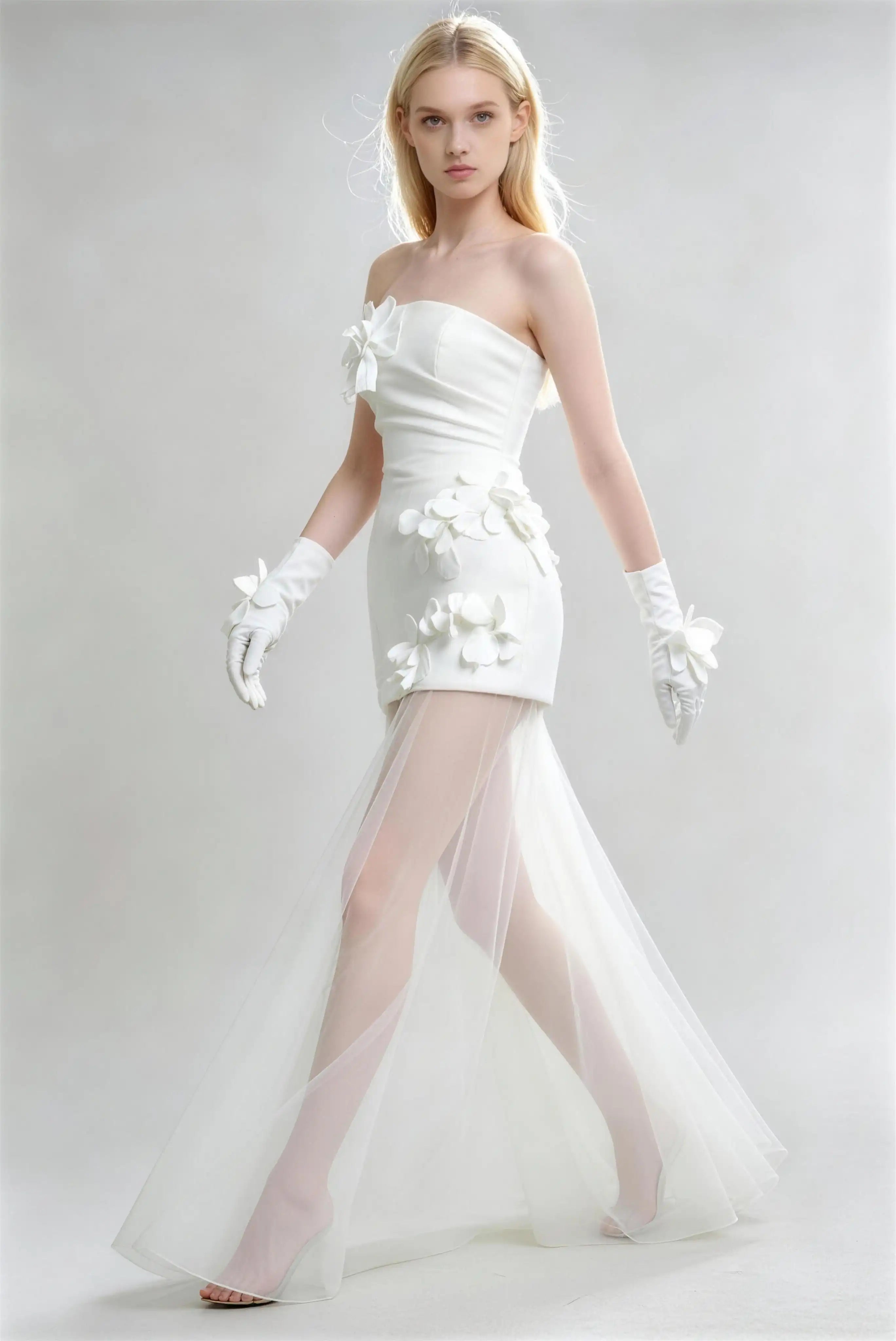 Phoehua Walking Pose of Pure White Contemporary Luxury Wedding Dress, Strapless 3D‑Floral Sheer‑Tulle High‑Waist Cutout Two‑Piece Mermaid Formal Bridal Gown