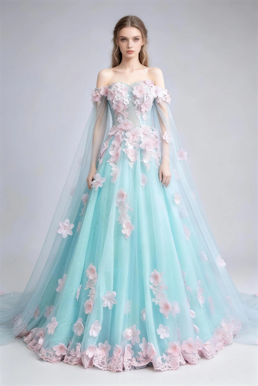 Phoehua Light Blue Off‑The‑Shoulder Cape Sleeve 3D Pink Floral Appliqué Tulle Ball Gown, Front View Mid‑Waist Corset Lace‑Up Back Fairy Tale Wedding Bridal Formal Evening Dress