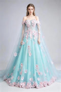 Phoehua Light Blue Off‑The‑Shoulder Cape Sleeve 3D Pink Floral Appliqué Tulle Ball Gown, Front View Mid‑Waist Corset Lace‑Up Back Fairy Tale Wedding Bridal Formal Evening Dress