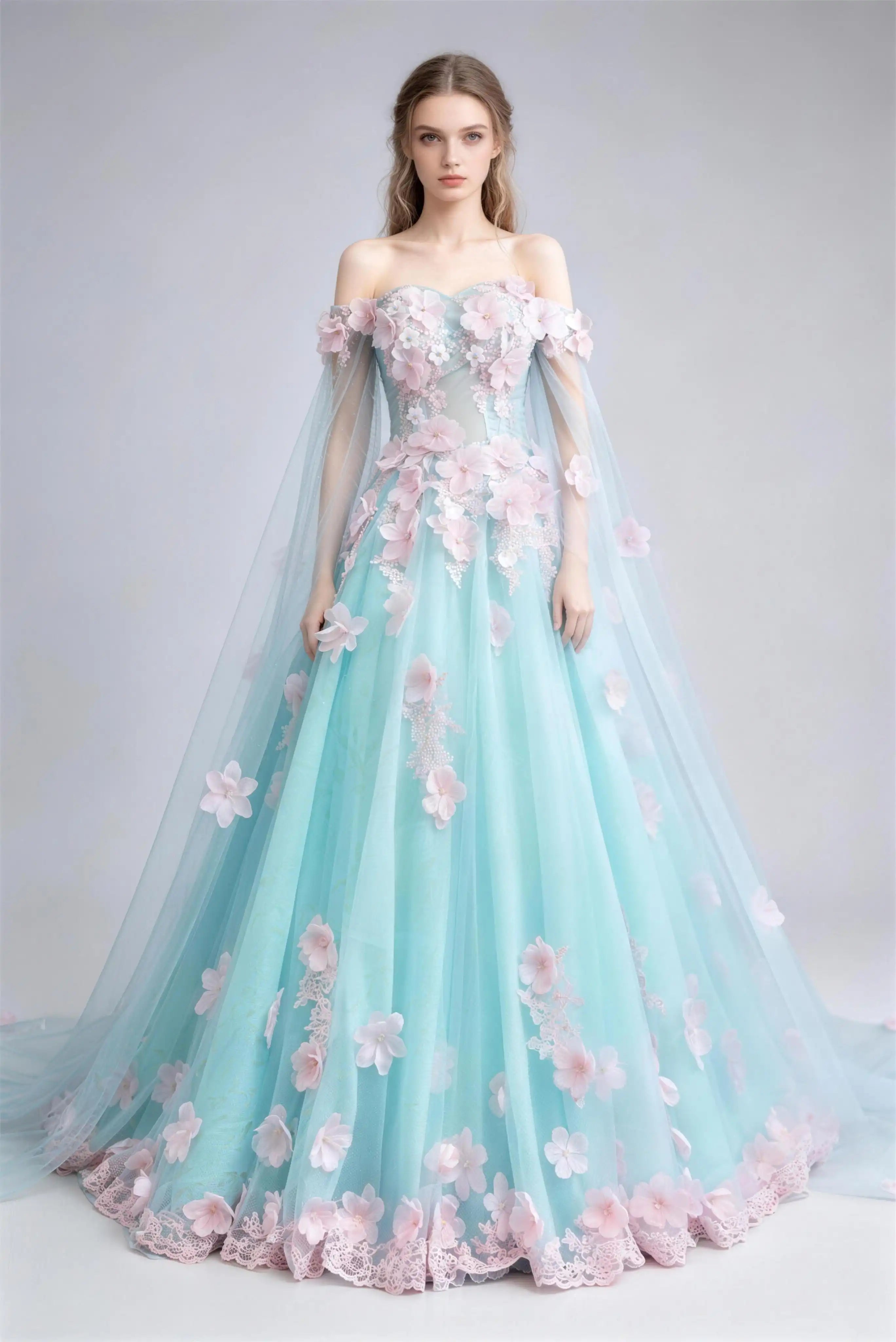 Phoehua Light Blue Off‑The‑Shoulder Cape Sleeve 3D Pink Floral Appliqué Tulle Ball Gown, Front View Mid‑Waist Corset Lace‑Up Back Fairy Tale Wedding Bridal Formal Evening Dress