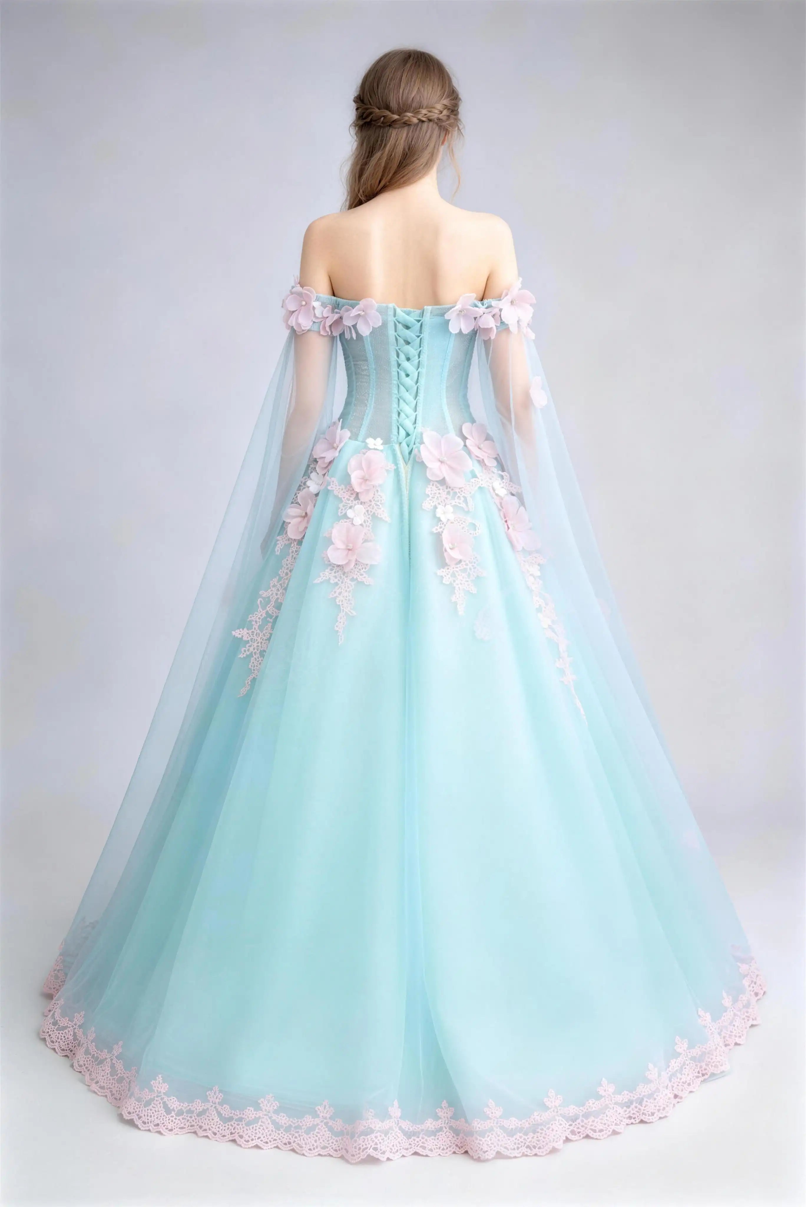 Phoehua Back View of Light Blue Off‑Shoulder Cape‑Sleeve Tulle Ball Gown, 3D Pink Floral Mid‑Waist Corset Lace‑Up Romantic Bridal Wedding Dress