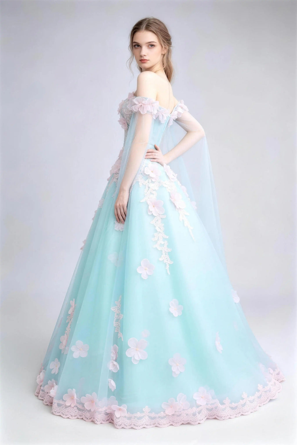 Phoehua Side View of Light Blue Fairy‑Tale Bridal Evening Gown, Off‑Shoulder Cape‑Sleeve 3D‑Floral Corset Lace‑Up Voluminous Tulle Ball Dress