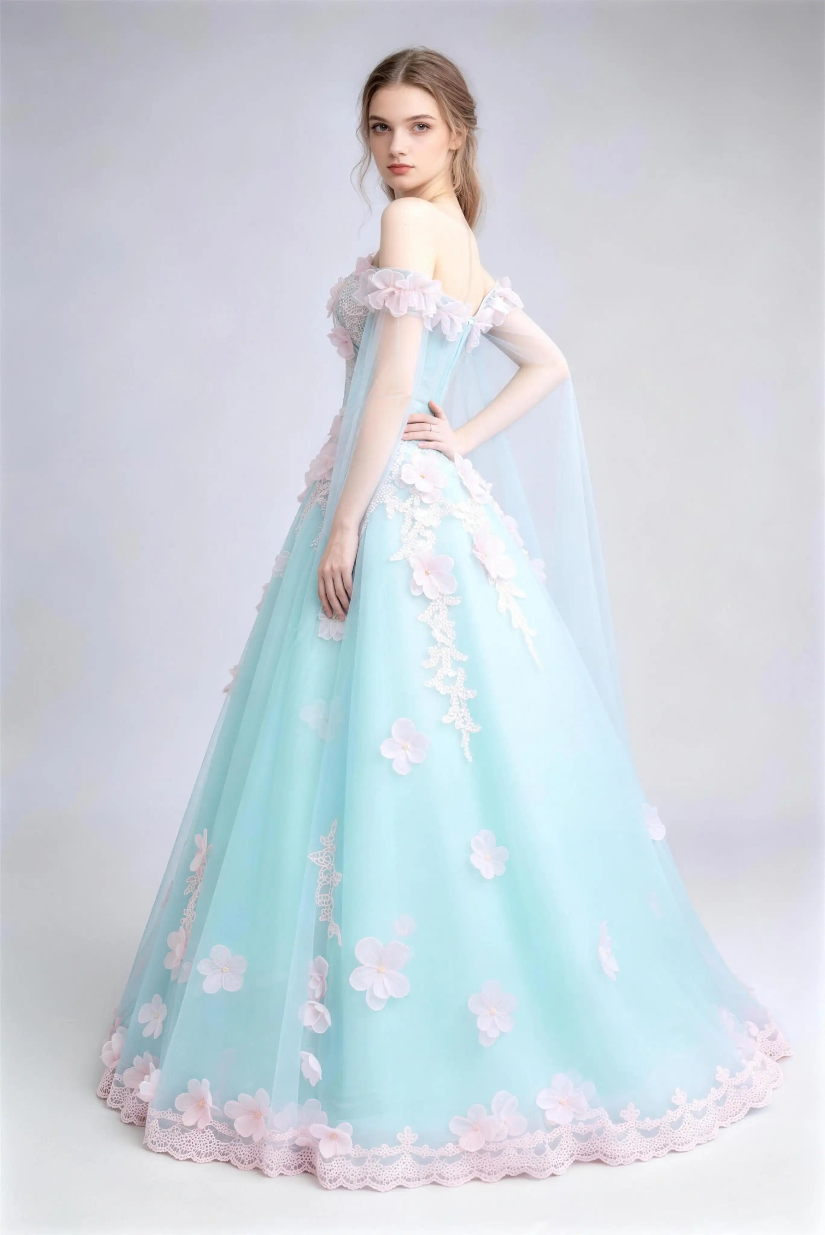 Phoehua Side View of Light Blue Fairy‑Tale Bridal Evening Gown, Off‑Shoulder Cape‑Sleeve 3D‑Floral Corset Lace‑Up Voluminous Tulle Ball Dress