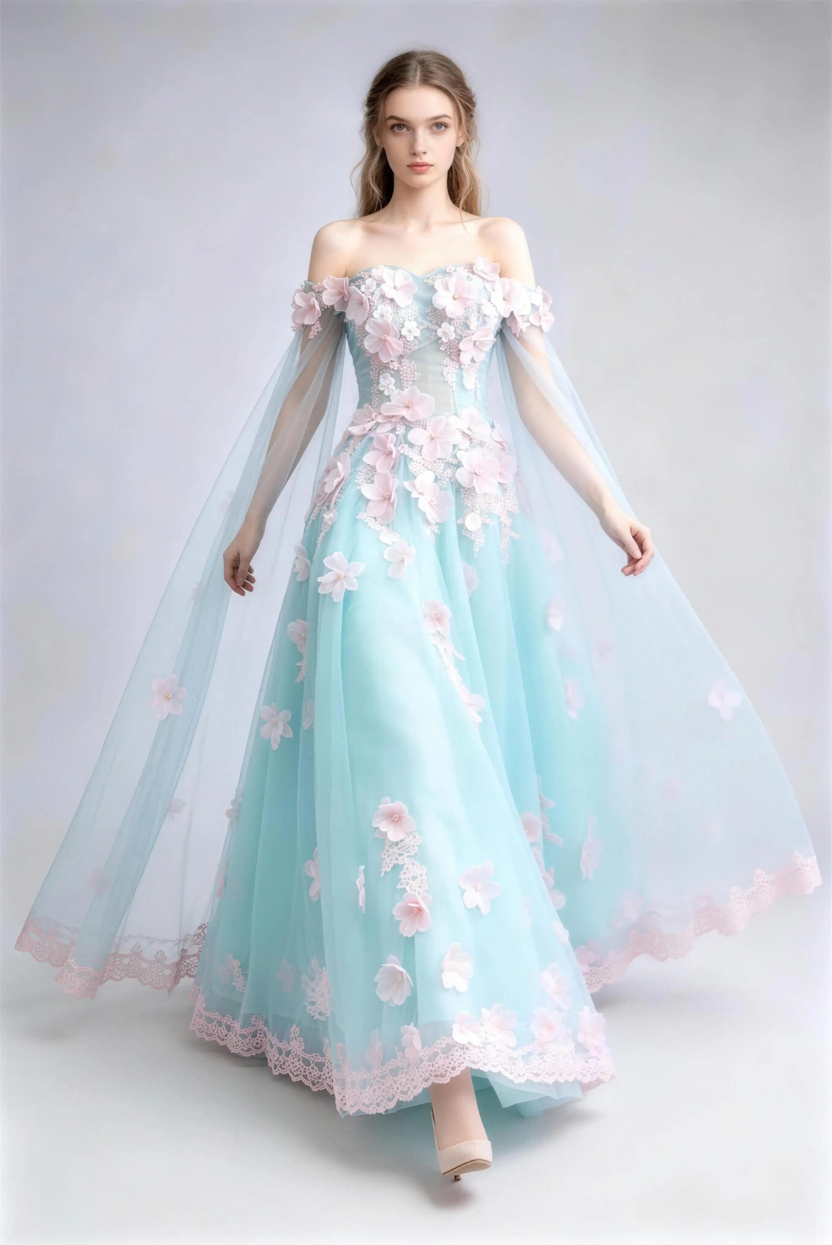 Phoehua Walking Pose of Light Blue Romantic Princess Wedding Dress, Off‑Shoulder Cape‑Sleeve 3D‑Pink‑Floral Corset Lace‑Up Tulle Ball Gown