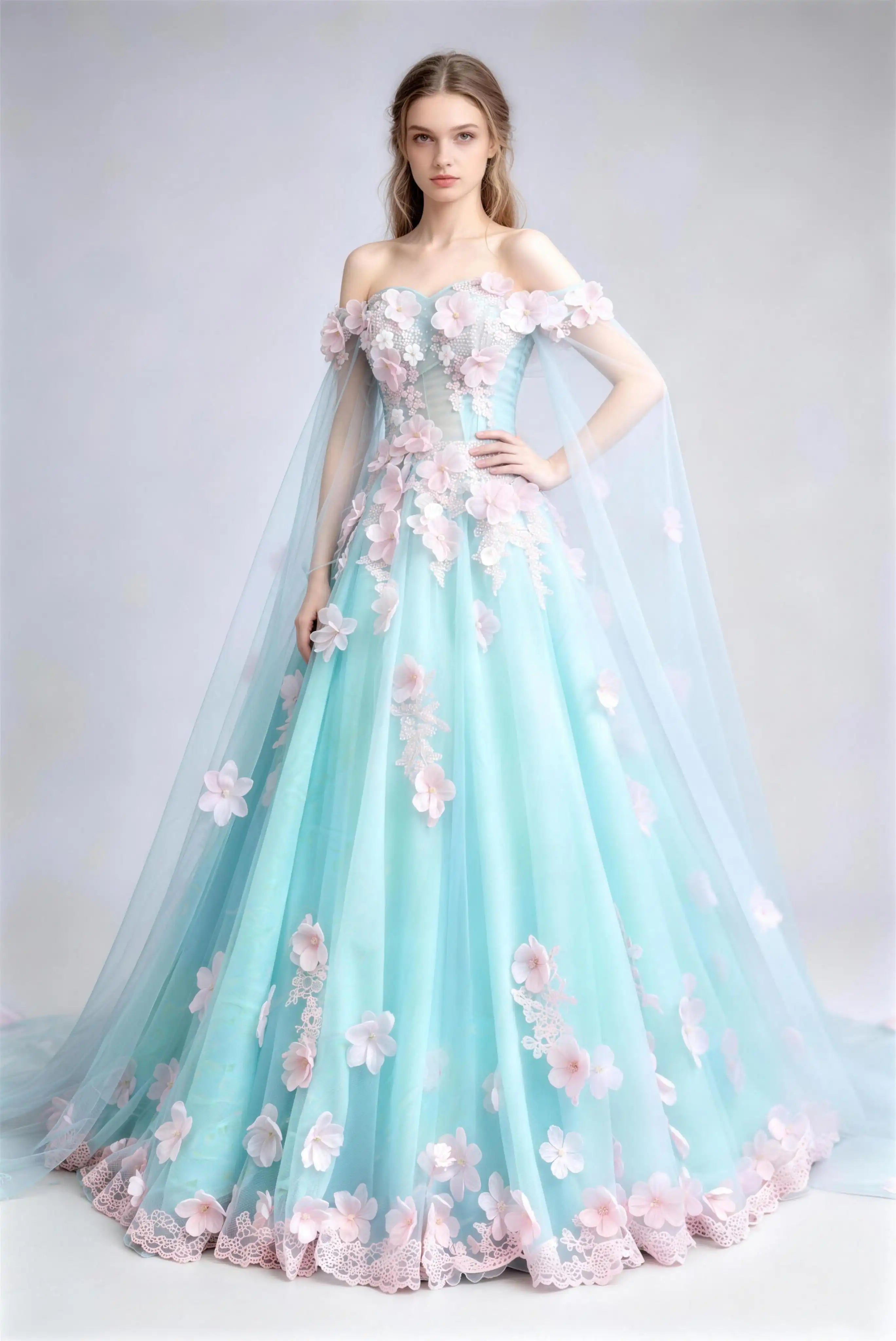 Phoehua Front Pose of Light Blue Luxury Formal Evening Ball Gown, Off‑Shoulder Cape‑Sleeve 3D‑Floral Appliqué Mid‑Waist Corset Lace‑Up Bridal Dress