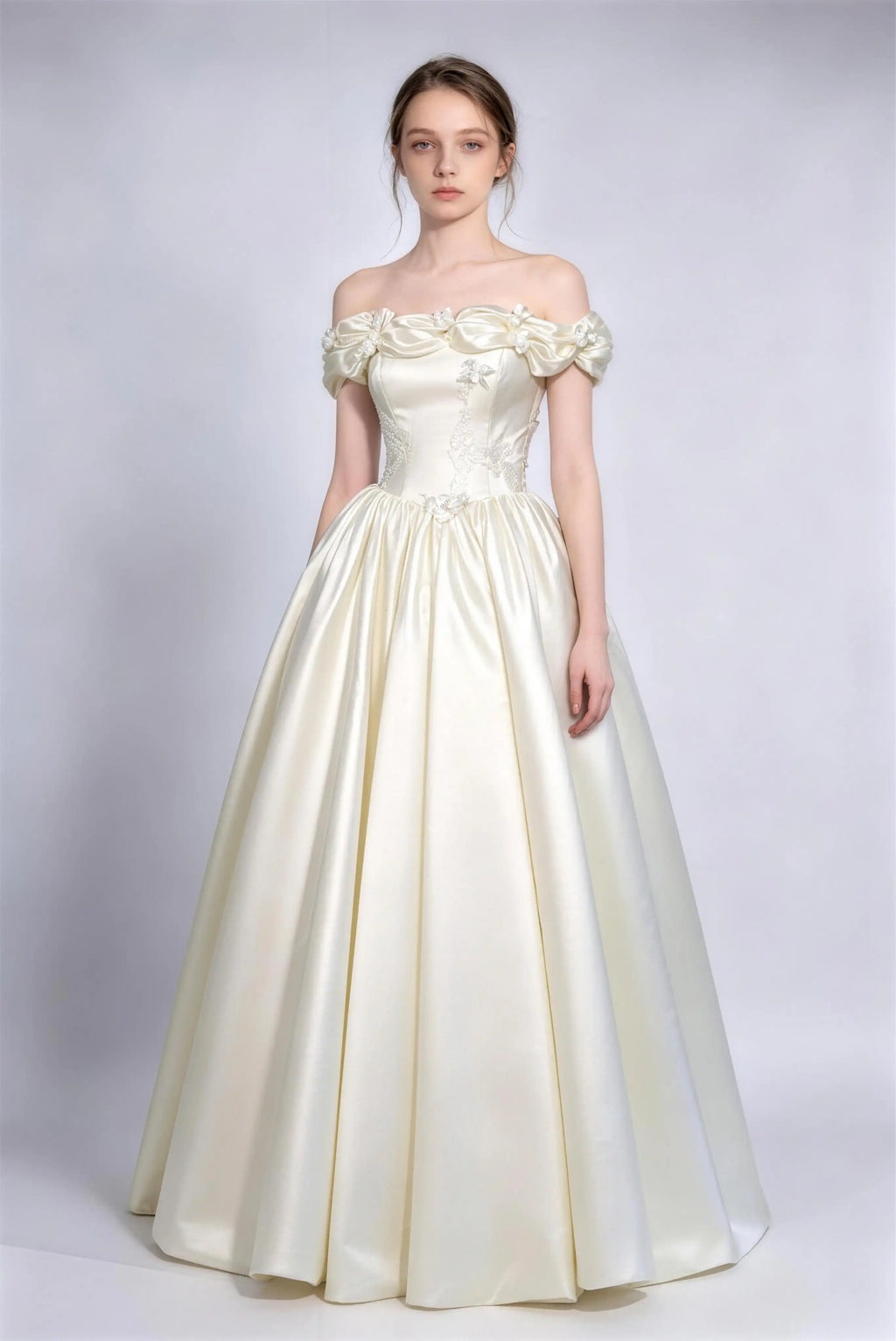 Phoehua Cream White Off‑The‑Shoulder Puff Cuff Satin Ball Gown, Front View Corset Lace‑Up Back Beaded Floral Applique Princess A‑Line Wedding Bridal Formal Evening Dress