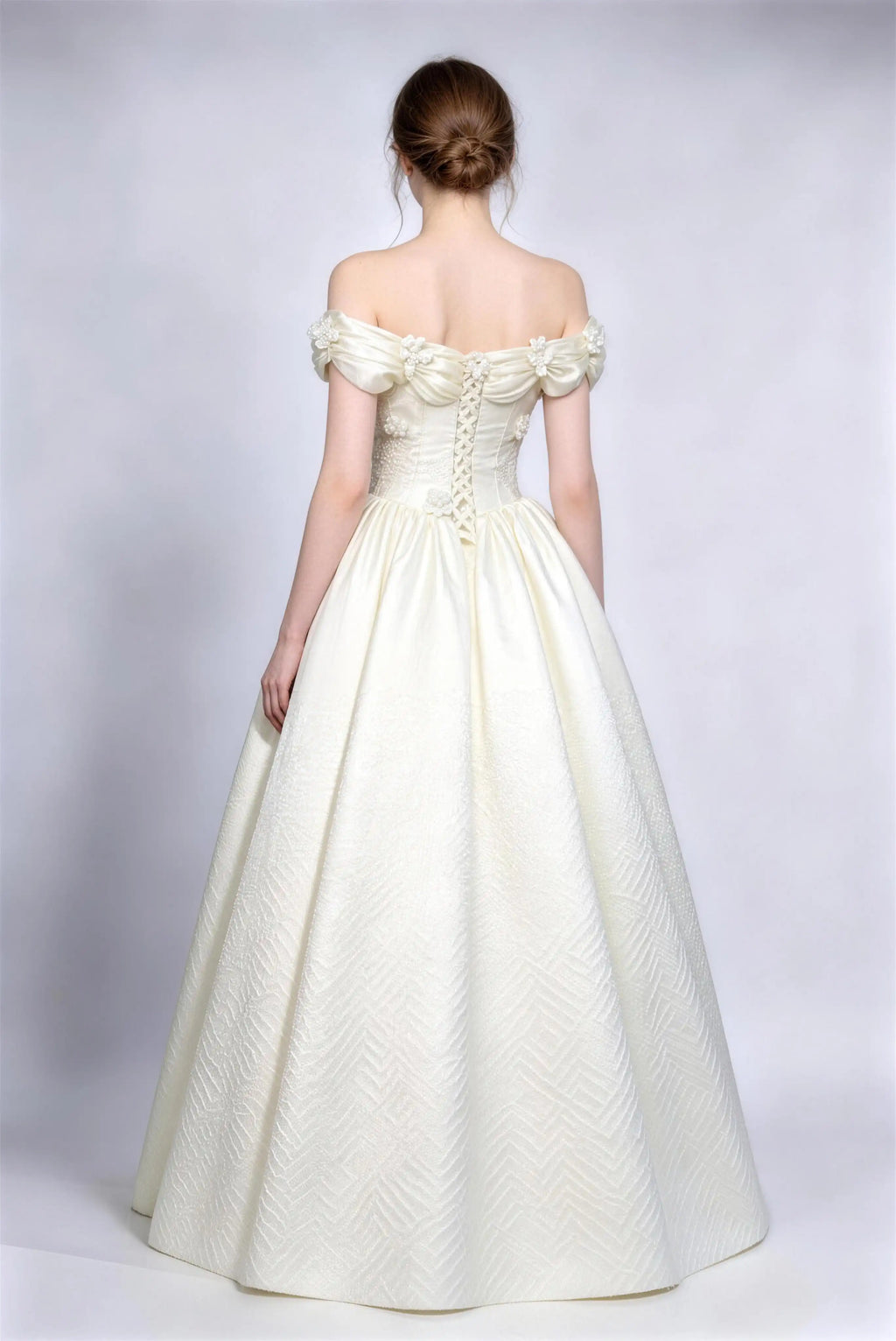 Phoehua Back View of Cream White Off‑Shoulder Satin Bridal Dress, Corset Lace‑Up Back Beaded Floral Princess‑Style Voluminous Wedding Gown