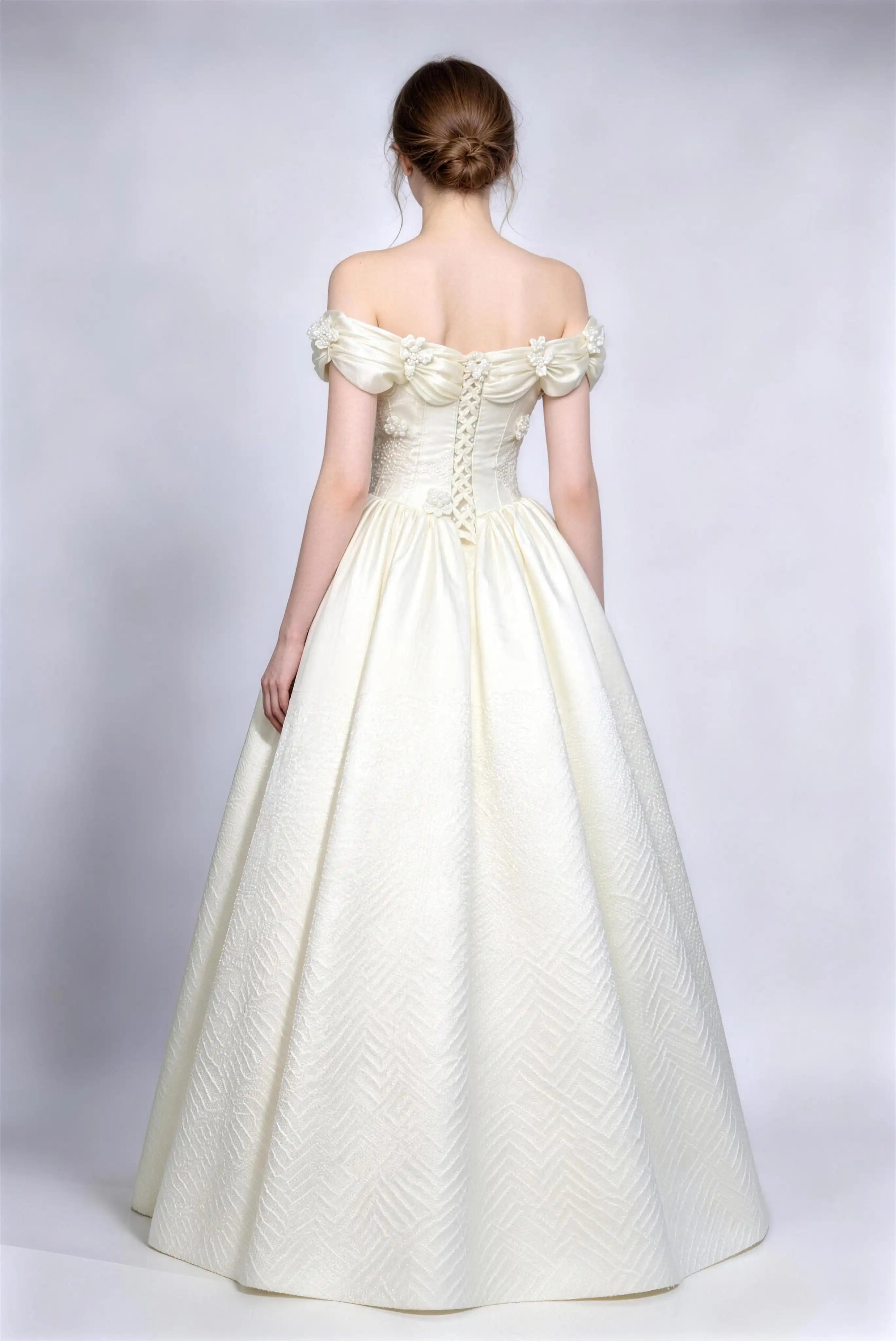 Phoehua Back View of Cream White Off‑Shoulder Satin Bridal Dress, Corset Lace‑Up Back Beaded Floral Princess‑Style Voluminous Wedding Gown