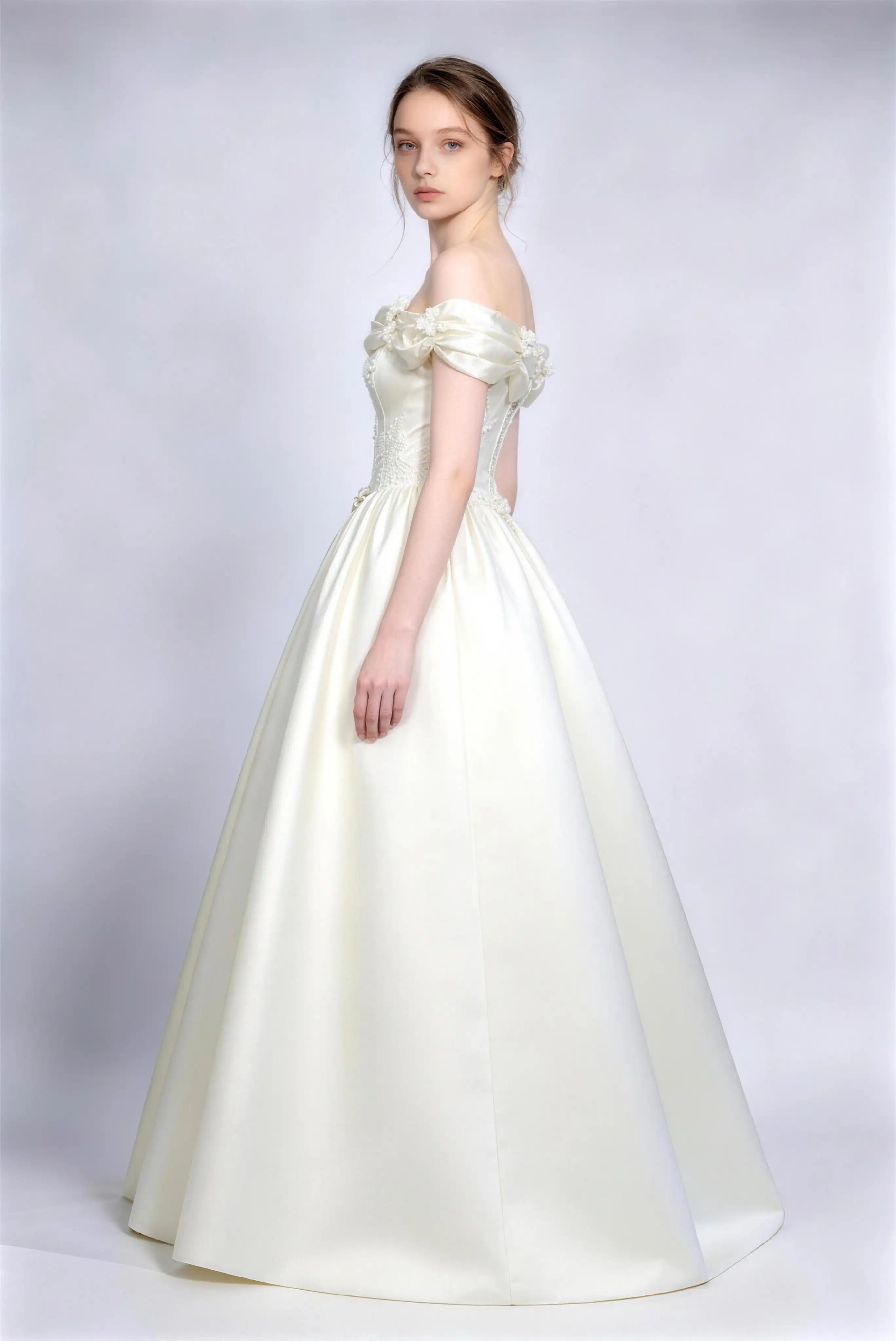 Phoehua Side View of Cream White Vintage Romantic Bridal Evening Gown, Off‑Shoulder Puff‑Cuff Beaded‑Floral Corset Lace‑Up A‑Line Satin Ball Dress