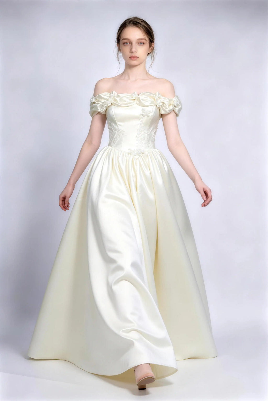 Phoehua Walking Pose of Cream White Princess‑Style Wedding Dress, Off‑Shoulder Puff‑Cuff Beaded‑Floral Corset Lace‑Up Voluminous Satin Ball Gown