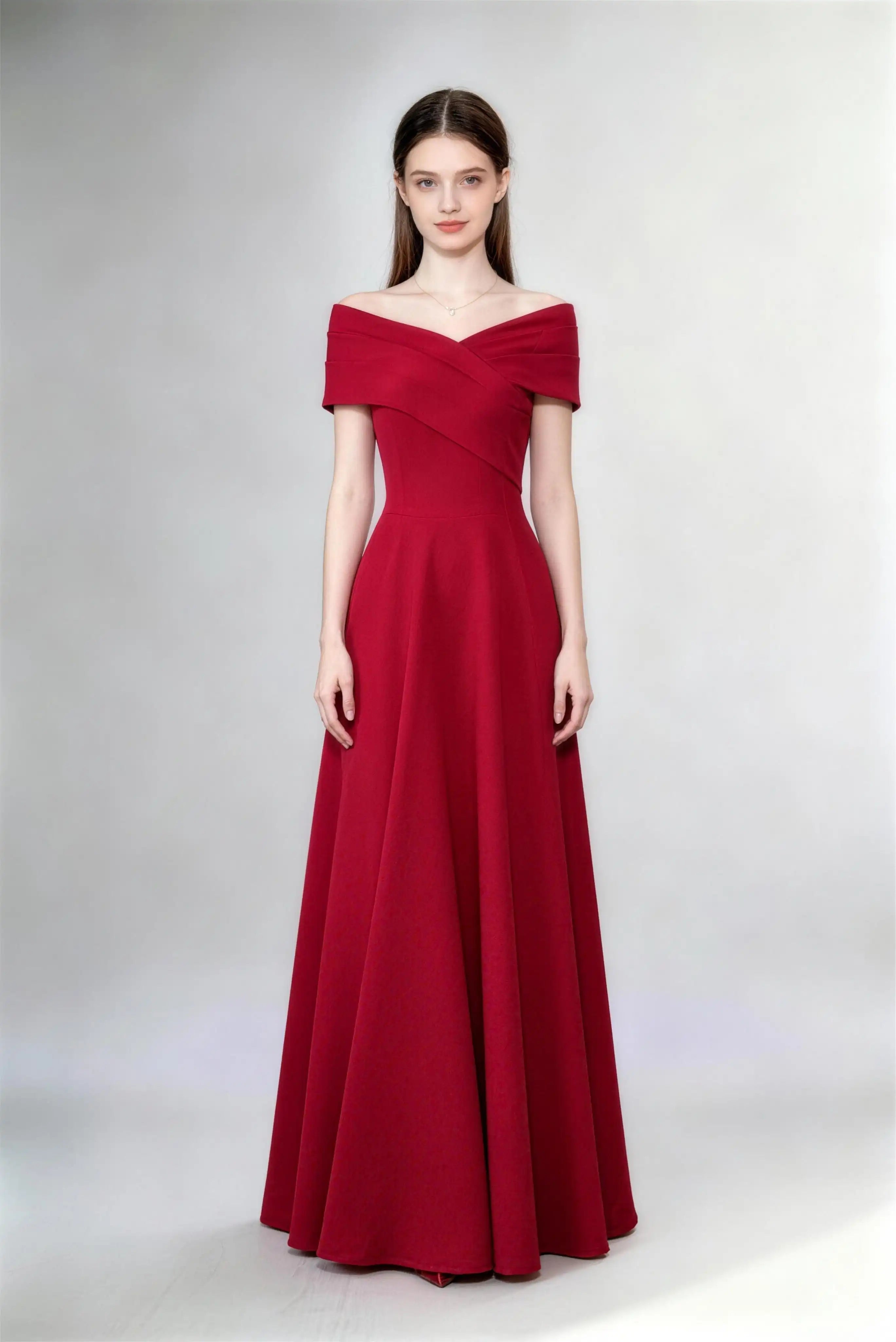 Phoehua Burgundy Off‑The‑Shoulder Fold‑Over V‑Neck A‑Line Long Evening Gown, Front View High‑Waist Minimalist Elegant Formal Wedding Guest Bridesmaid Dress With Sweep Train