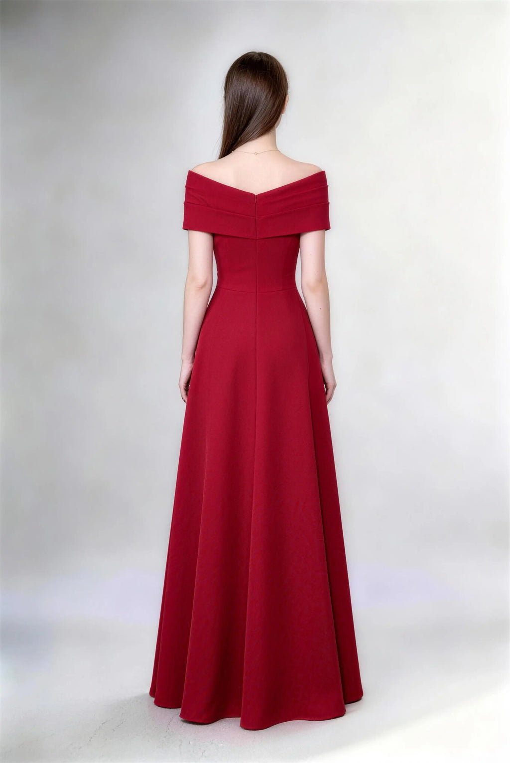 Phoehua Back View of Burgundy Off‑Shoulder A‑Line Formal Long Dress, High‑Waist Minimalist Elegant Wedding Guest Bridesmaid Evening Gown With Hidden Zipper