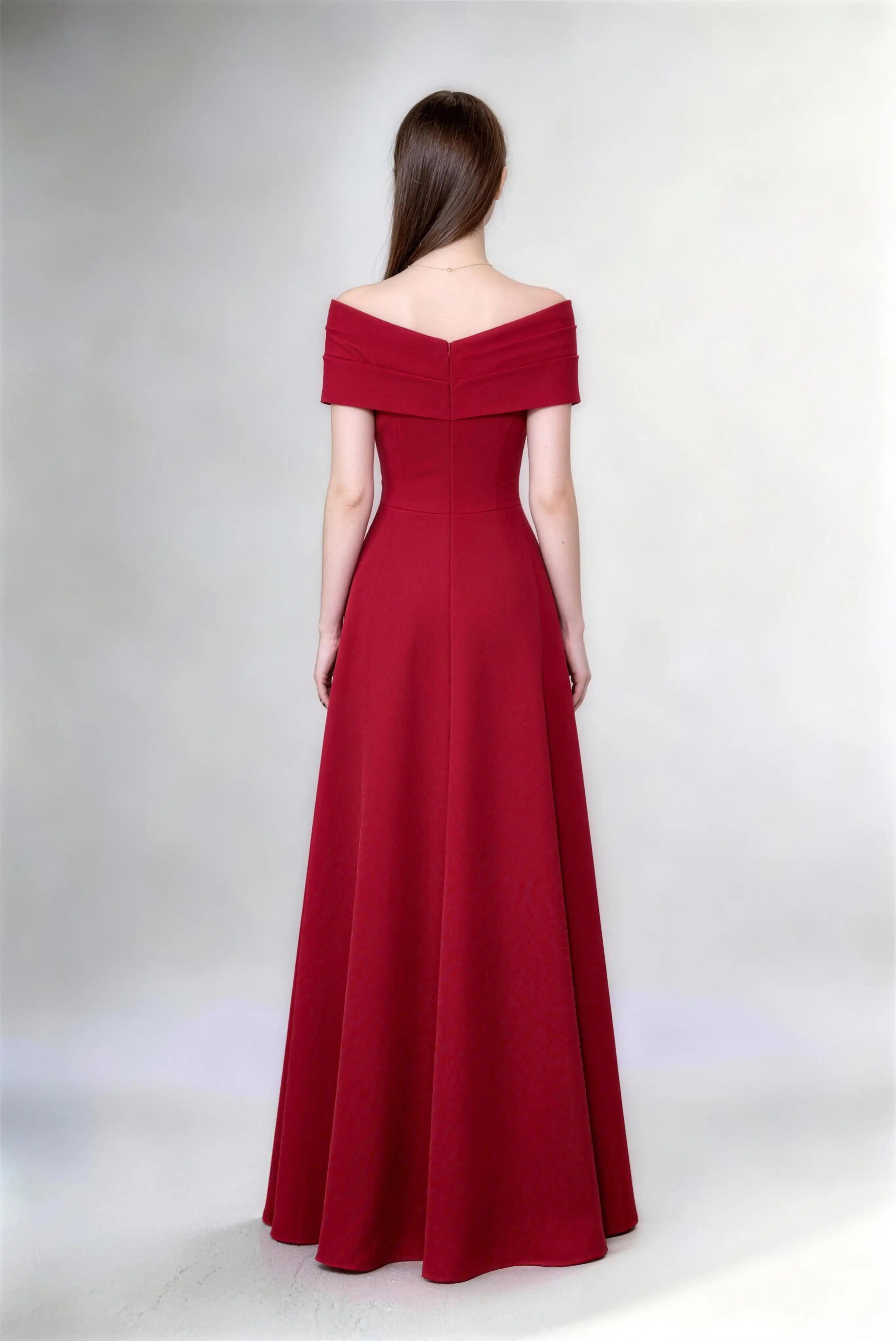 Phoehua Back View of Burgundy Off‑Shoulder A‑Line Formal Long Dress, High‑Waist Minimalist Elegant Wedding Guest Bridesmaid Evening Gown With Hidden Zipper