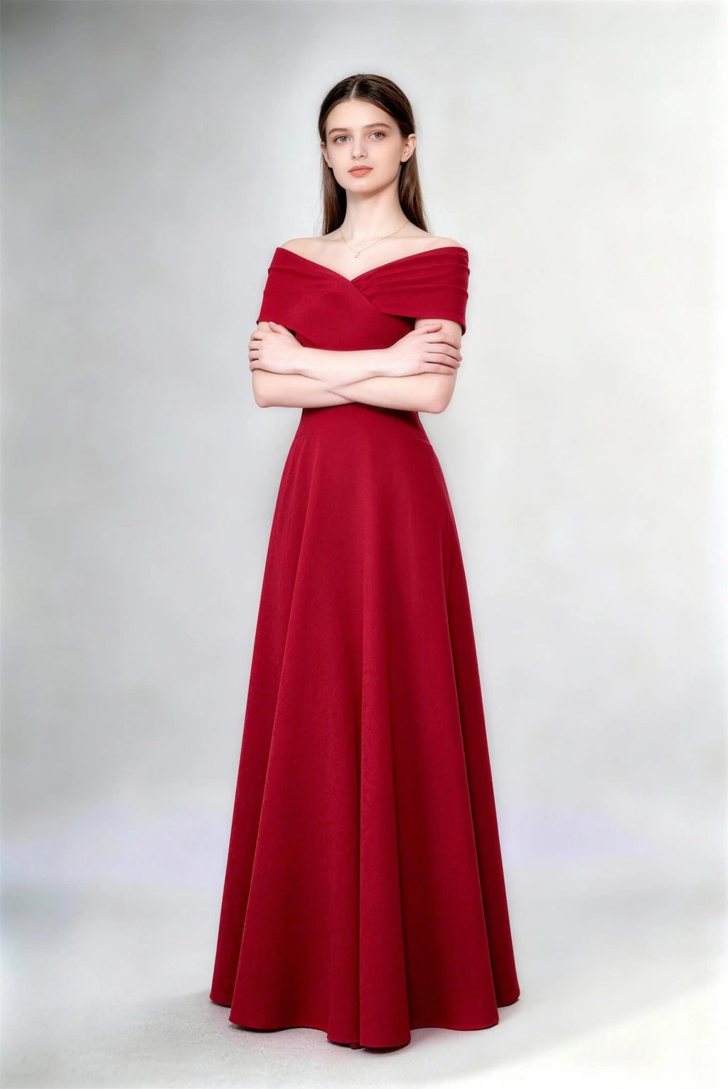 Phoehua Front Pose of Burgundy Classic Formal Evening Dress, Off‑Shoulder Fold‑Over V‑Neck High‑Waist A‑Line Timeless Wedding Guest Bridesmaid Gown