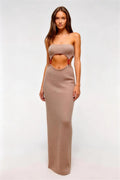 Phoehua Light Brown Strapless Tube Top Midriff Cutout Knit Bodycon Maxi Dress, Front View Red Bead Strap Backless Sexy Y2K Hot Girl Nightclub Party Evening Gown