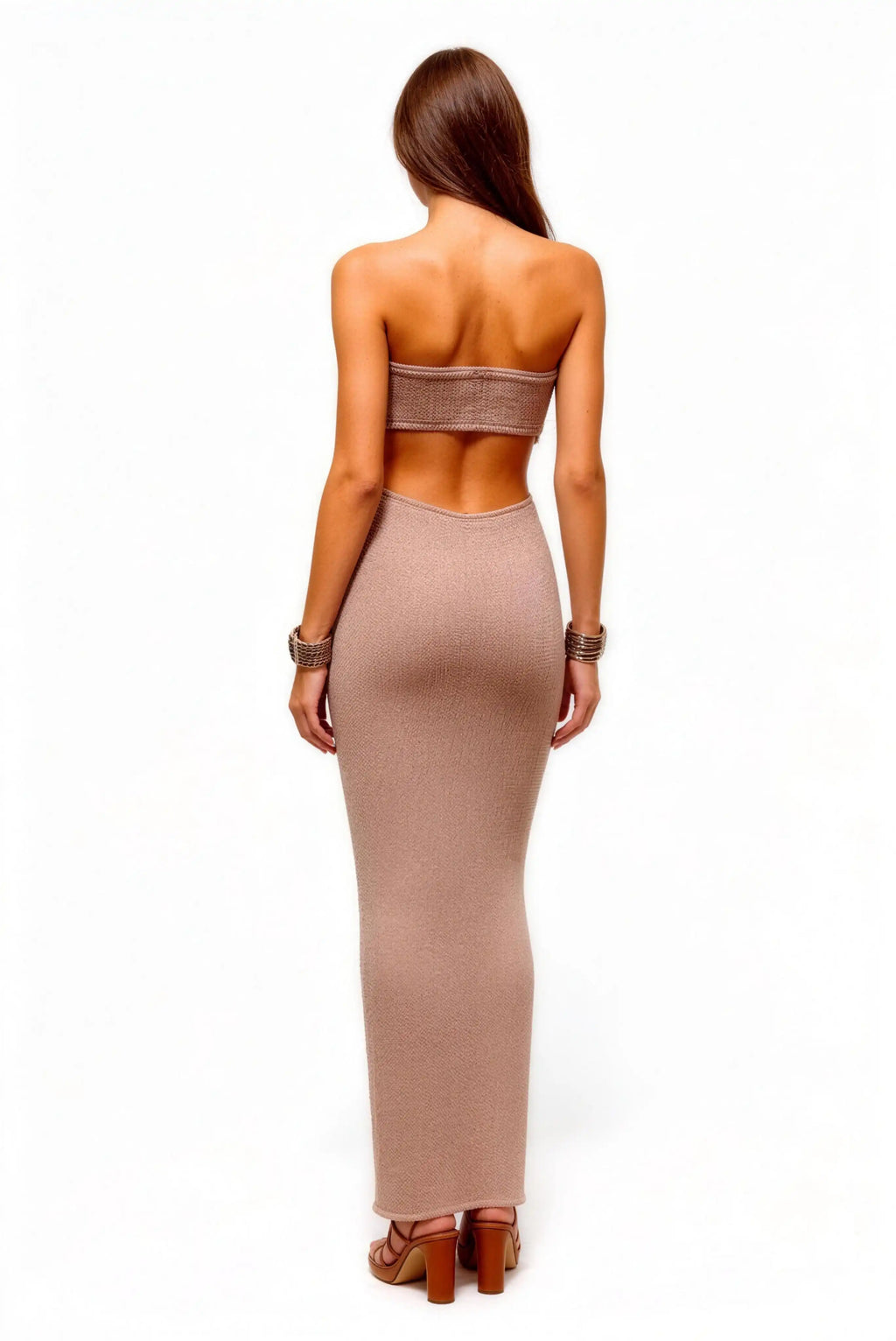 Phoehua Back View of Light Brown Strapless Cutout Knit Bodycon Dress, Red Bead‑Strap Deep V Open‑Back Sexy Long Party Evening Gown