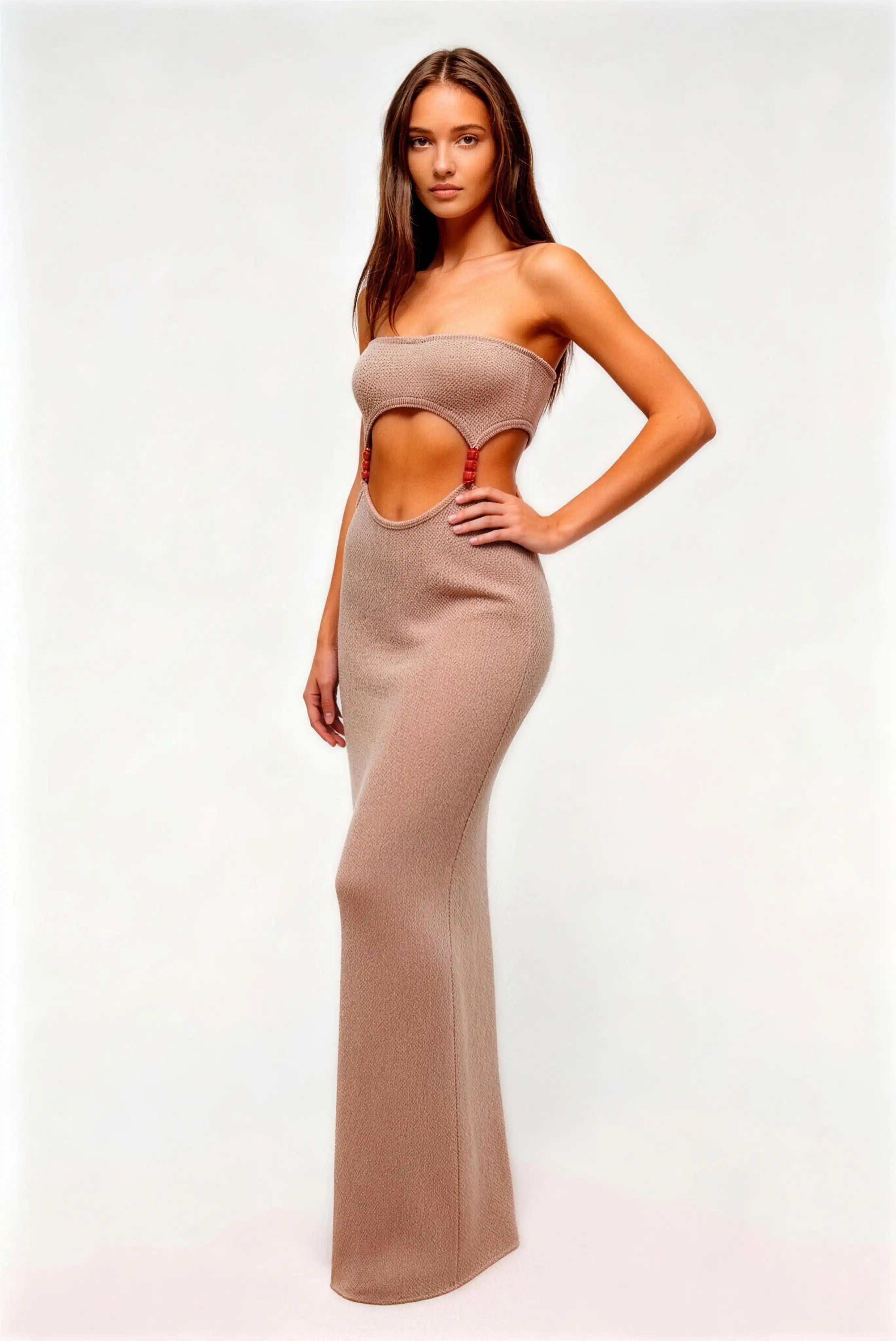 Phoehua Side View of Light Brown Sexy Hot Girl Y2K Knit Maxi Gown, Strapless Midriff‑Cutout Red‑Bead‑Strap Bodycon Long Party Dress