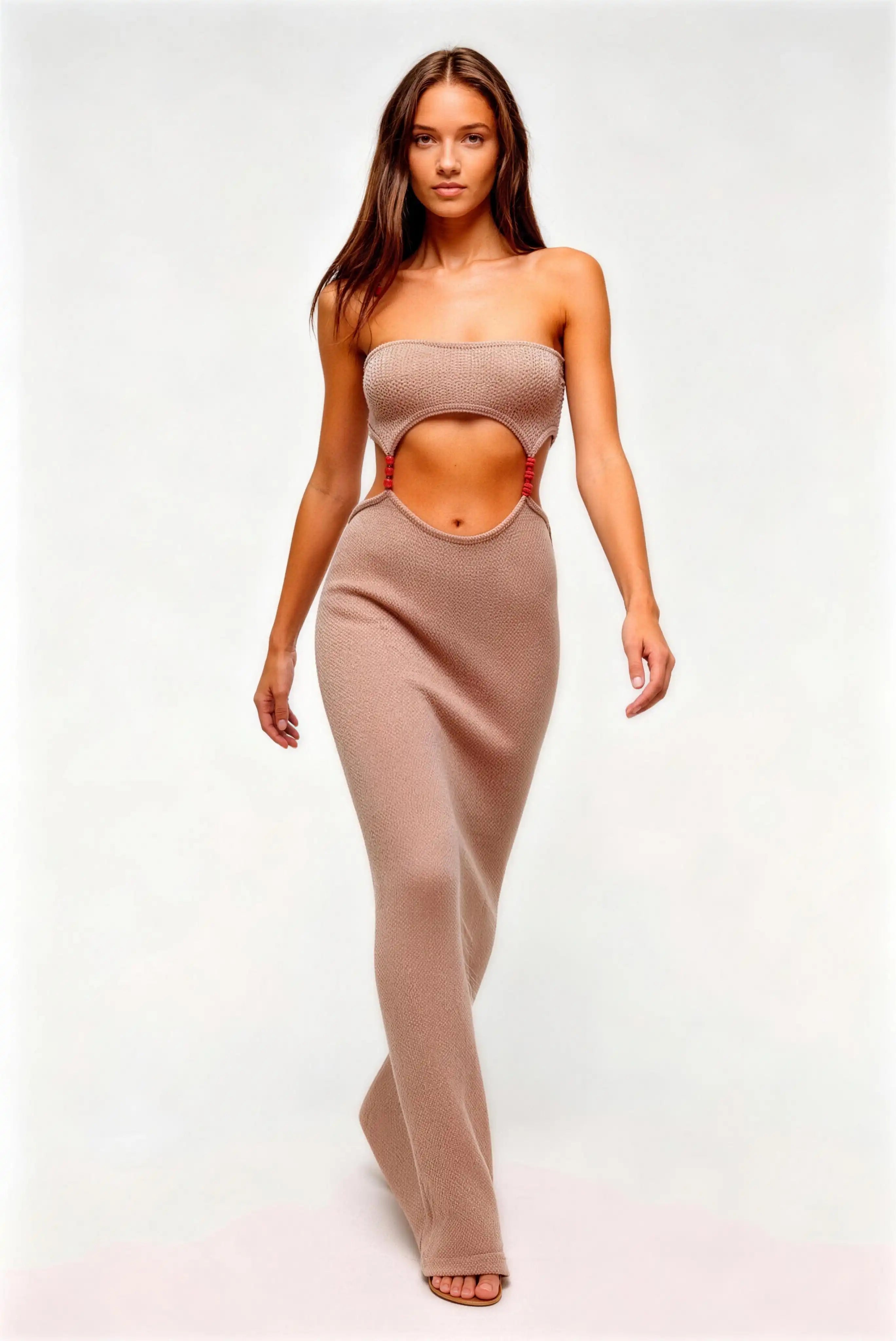 Phoehua Walking Pose of Light Brown Modern Sexy Club Outfit, Strapless Tube Top Midriff‑Cutout Red‑Bead‑Strap Knit Bodycon Long Evening Dress
